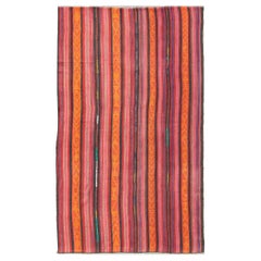 Retro Flat-Weave Turkish Kilim in Charcoal, Orange, Purple, Red and Pink