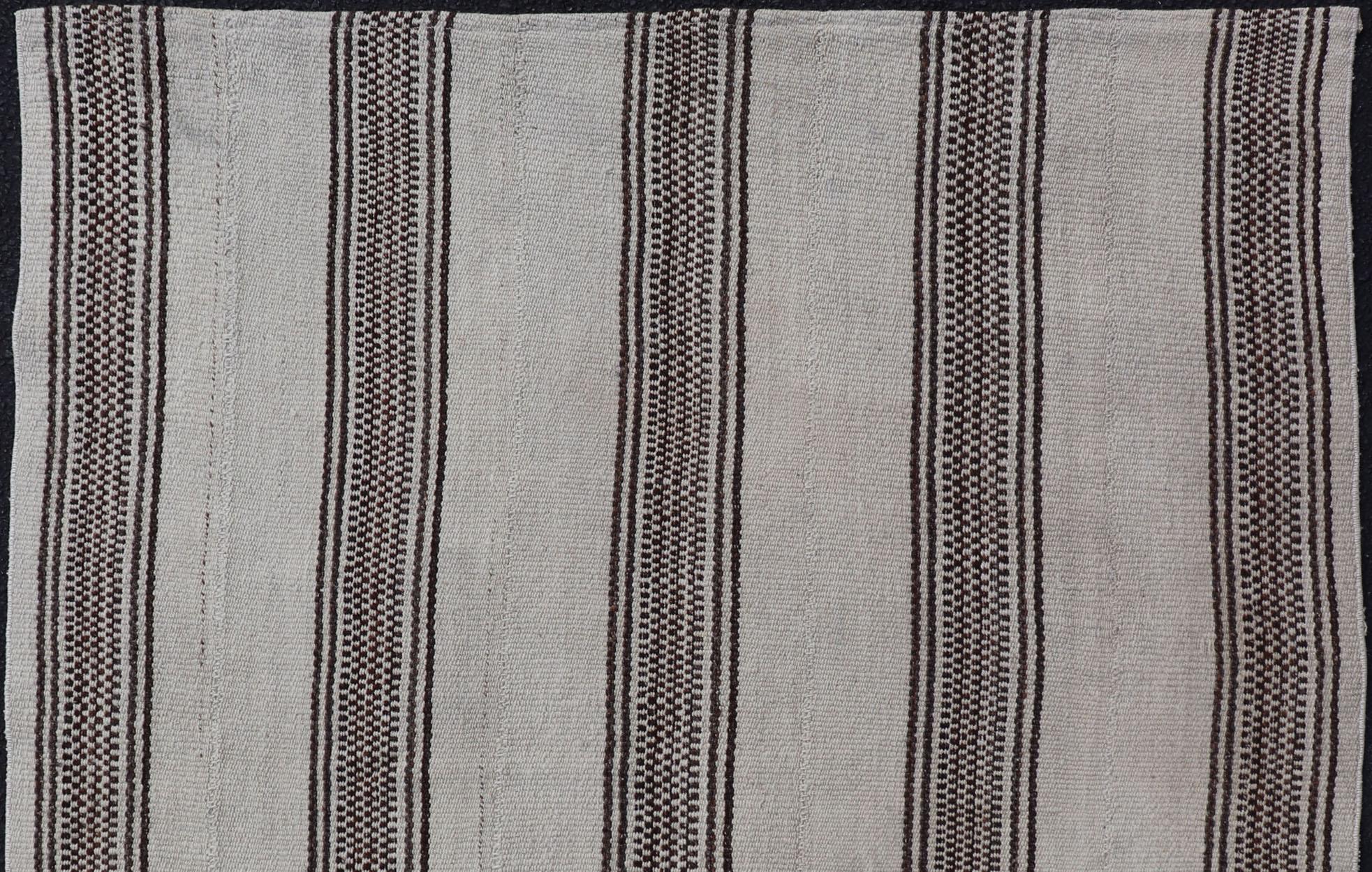 Measures: 4'4 x 4'7 
Vintage Flat Weave Turkish Kilim with Stripes in Ivory and Brown. Keivan Woven Arts / rug EN-15164, country of origin / type: Turkey / Kilim, circa Mid-20th Century.

This vintage flat-woven Kilim features a minimalist design