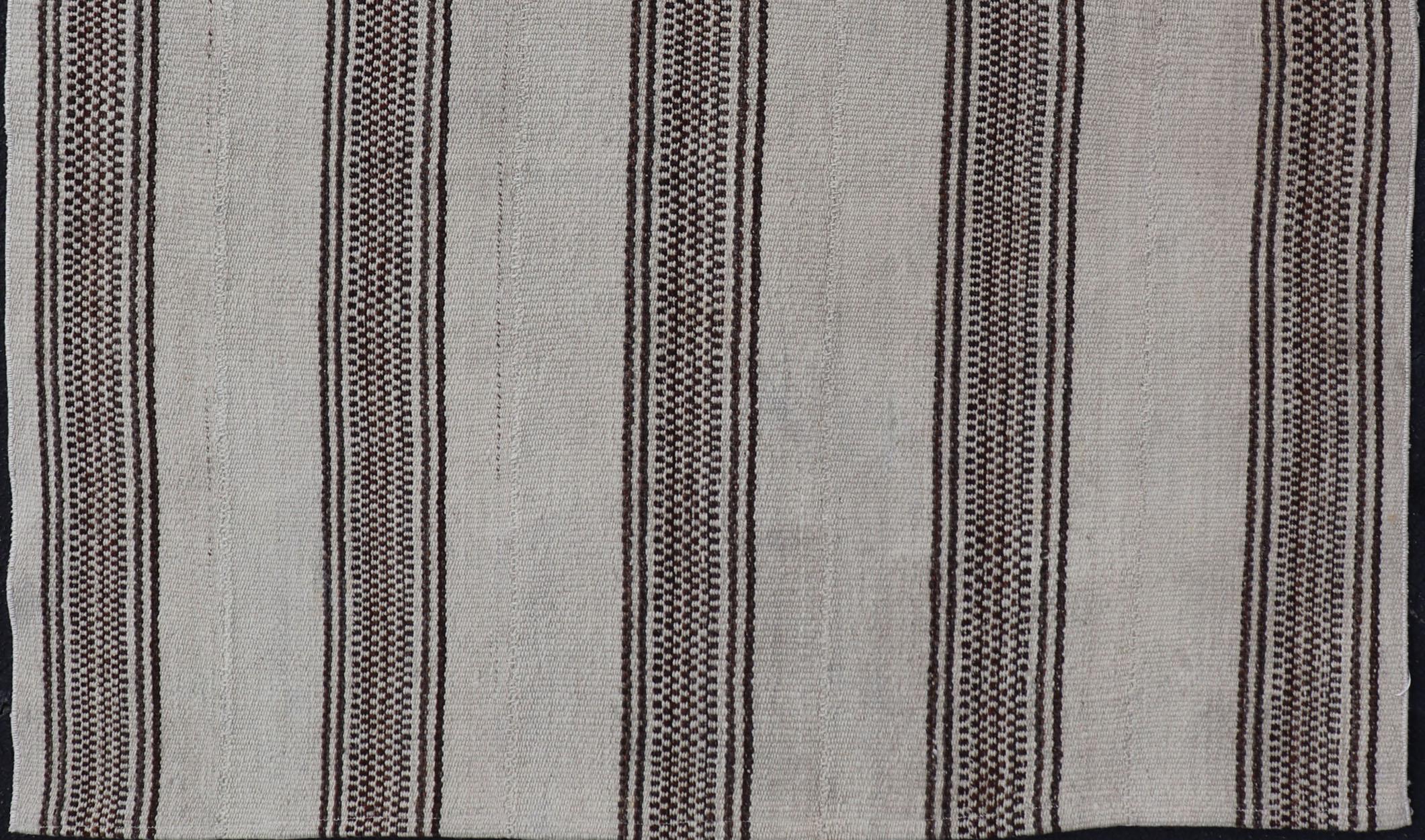 Hand-Woven Vintage Flat Weave Turkish Kilim with Stripes in Ivory and Brown  For Sale