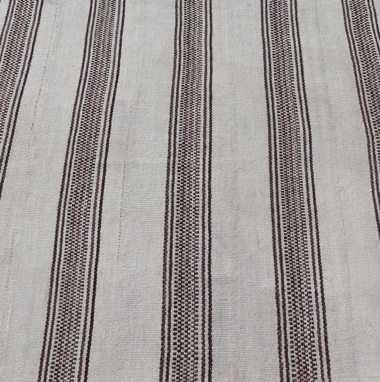 20th Century Vintage Flat Weave Turkish Kilim with Stripes in Ivory and Brown  For Sale
