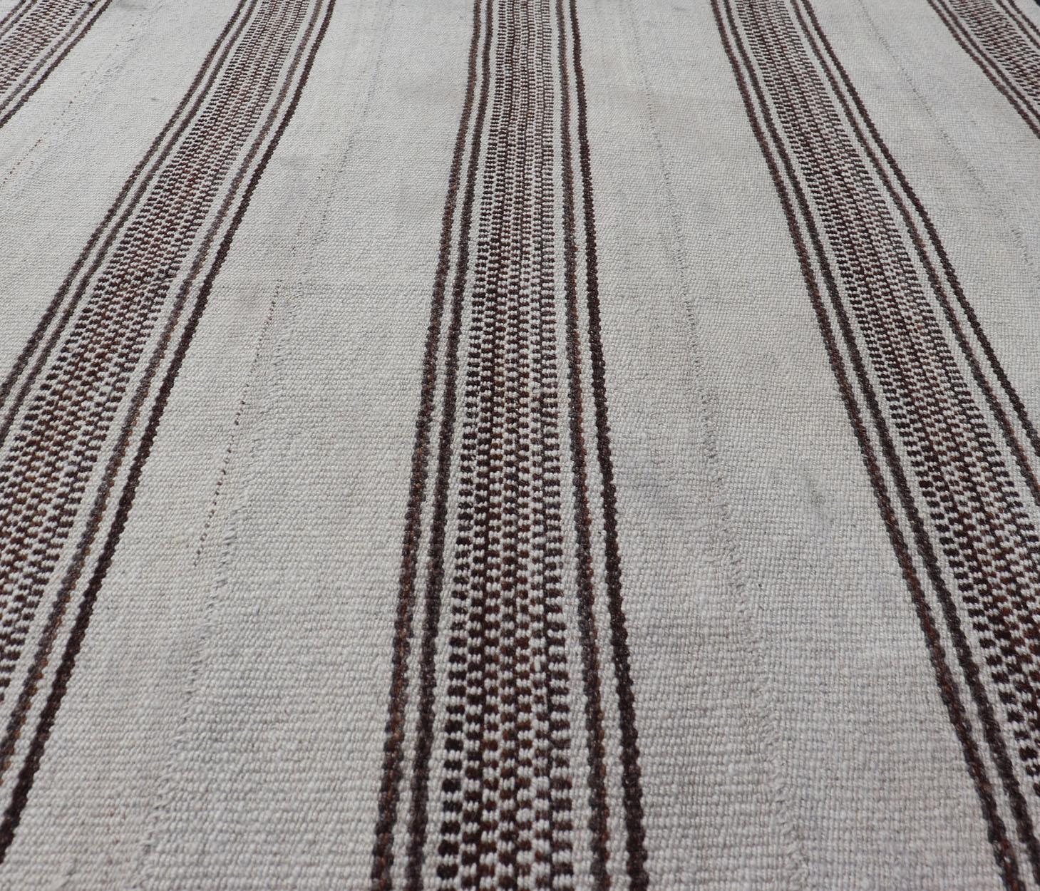 Wool Vintage Flat Weave Turkish Kilim with Stripes in Ivory and Brown  For Sale