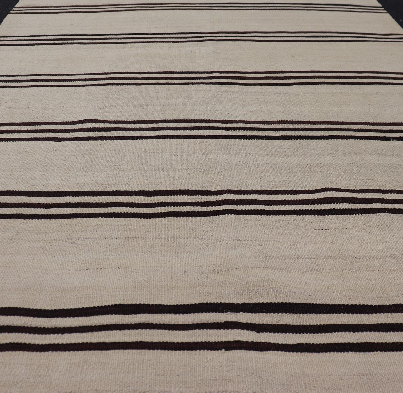Vintage Flat Weave Turkish Kilim with Stripes in Ivory and Brown  For Sale 1