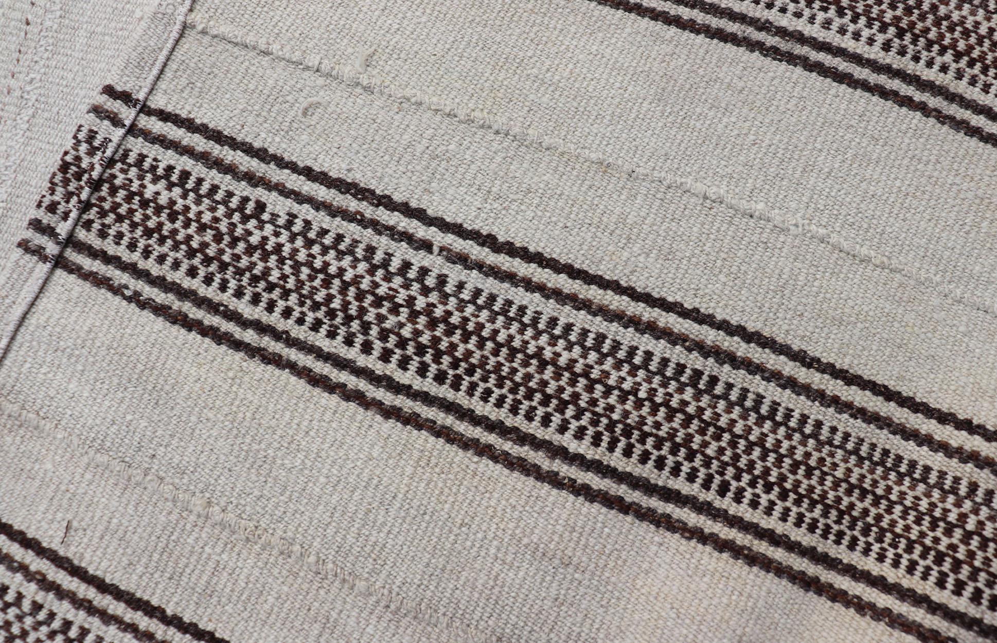 Vintage Flat Weave Turkish Kilim with Stripes in Ivory and Brown  For Sale 2
