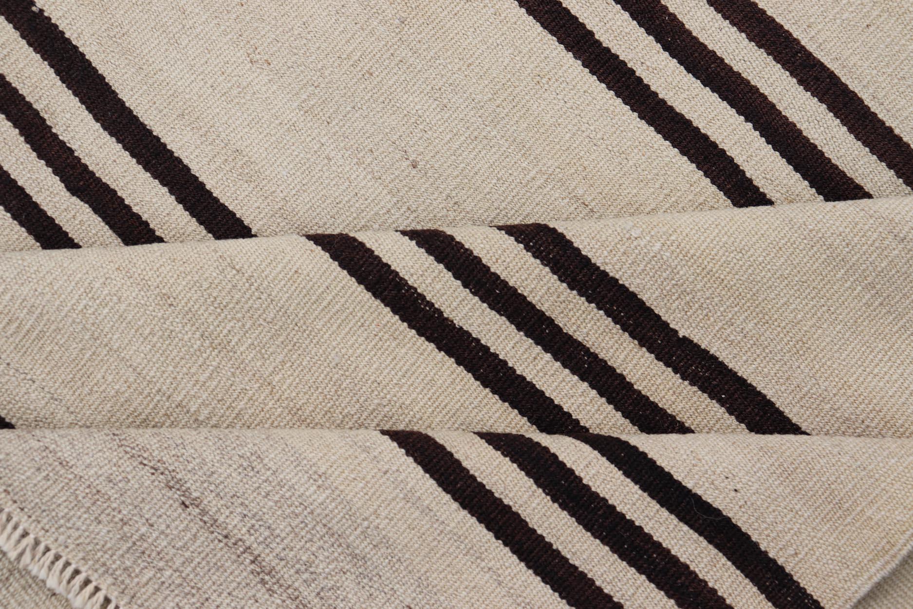 Vintage Flat Weave Turkish Kilim with Stripes in Ivory and Brown  For Sale 3