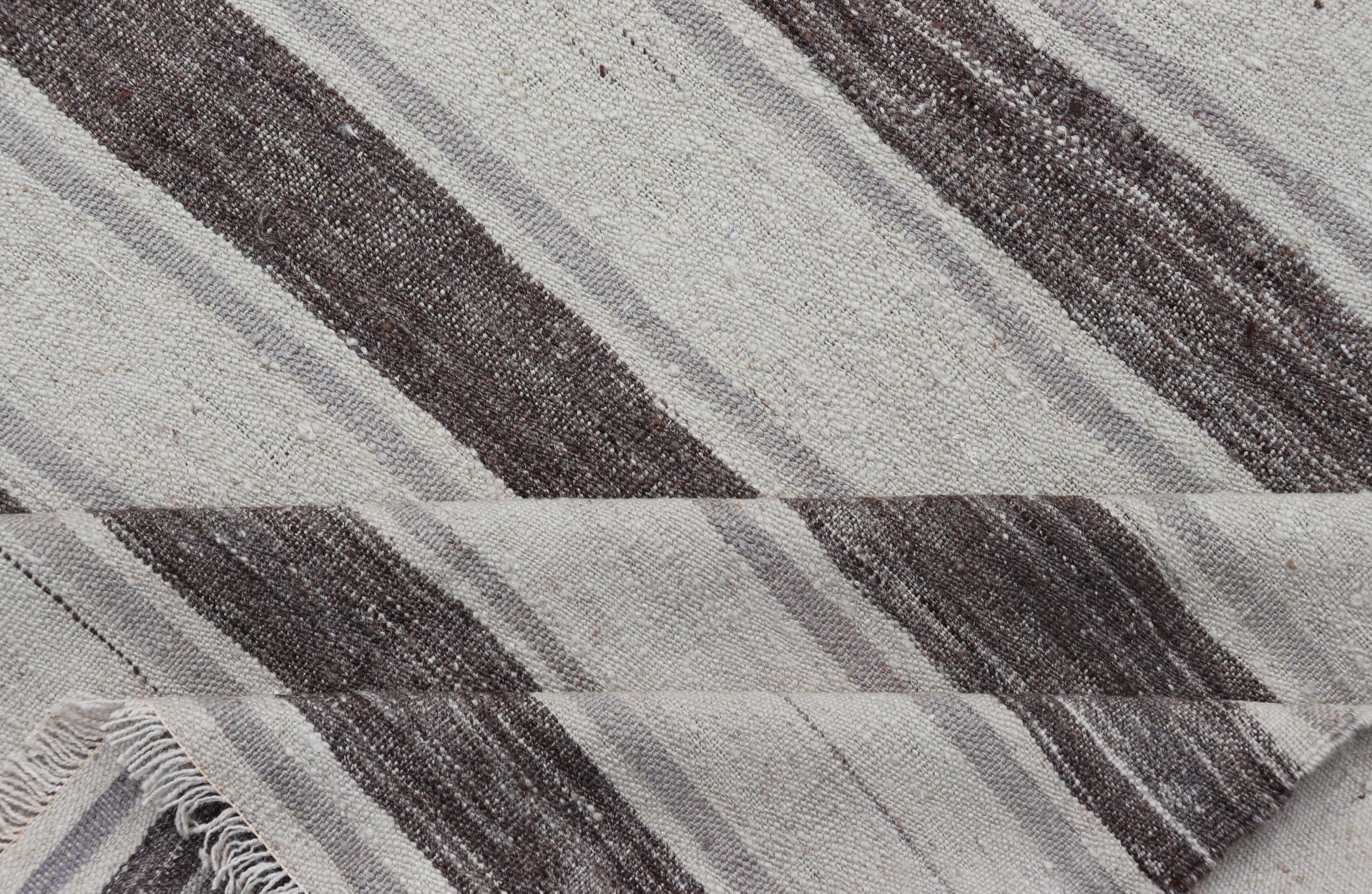 Vintage Flat Weave Turkish Kilim with Stripes in Ivory, Grey, and Charcoal For Sale 4