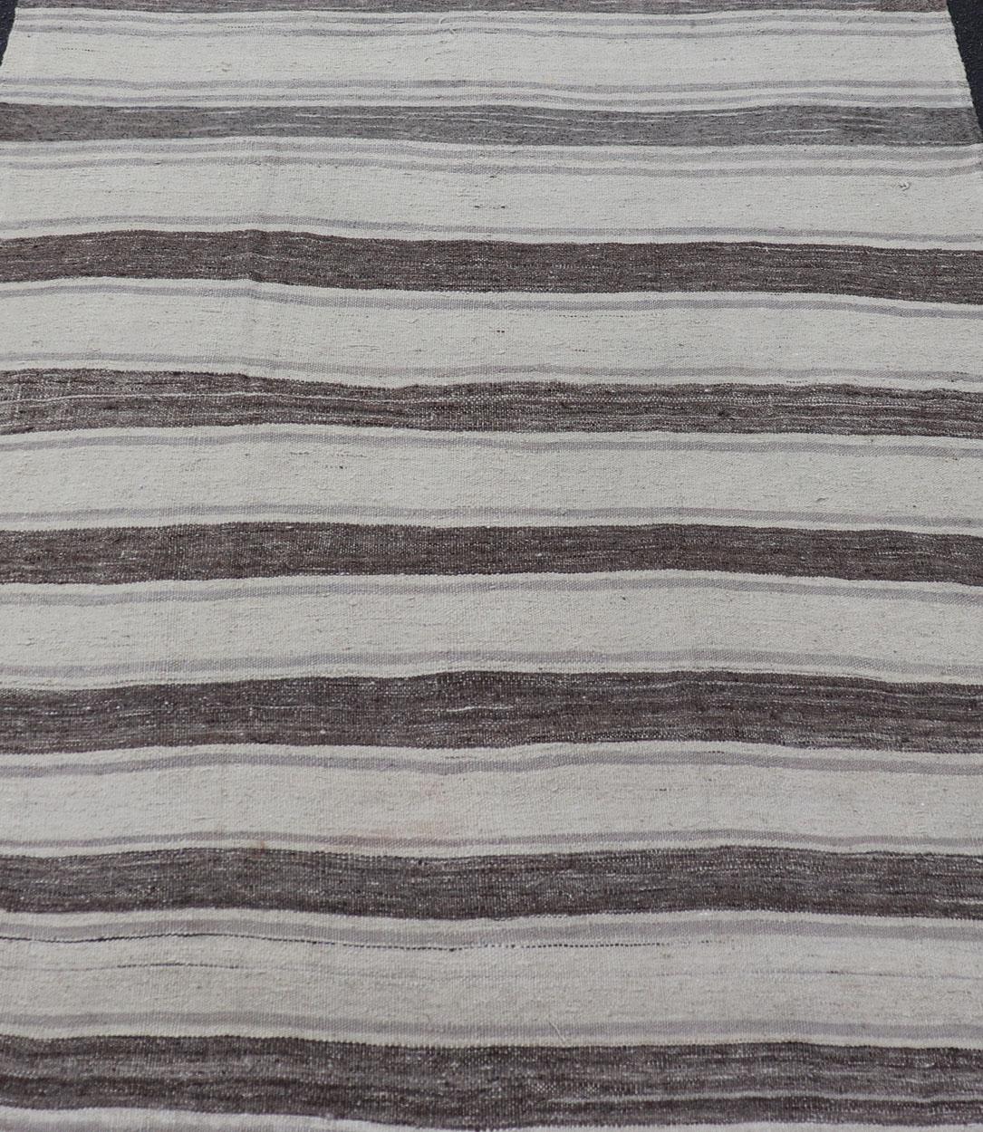 Hand-Woven Vintage Flat Weave Turkish Kilim with Stripes in Ivory, Grey, and Charcoal For Sale