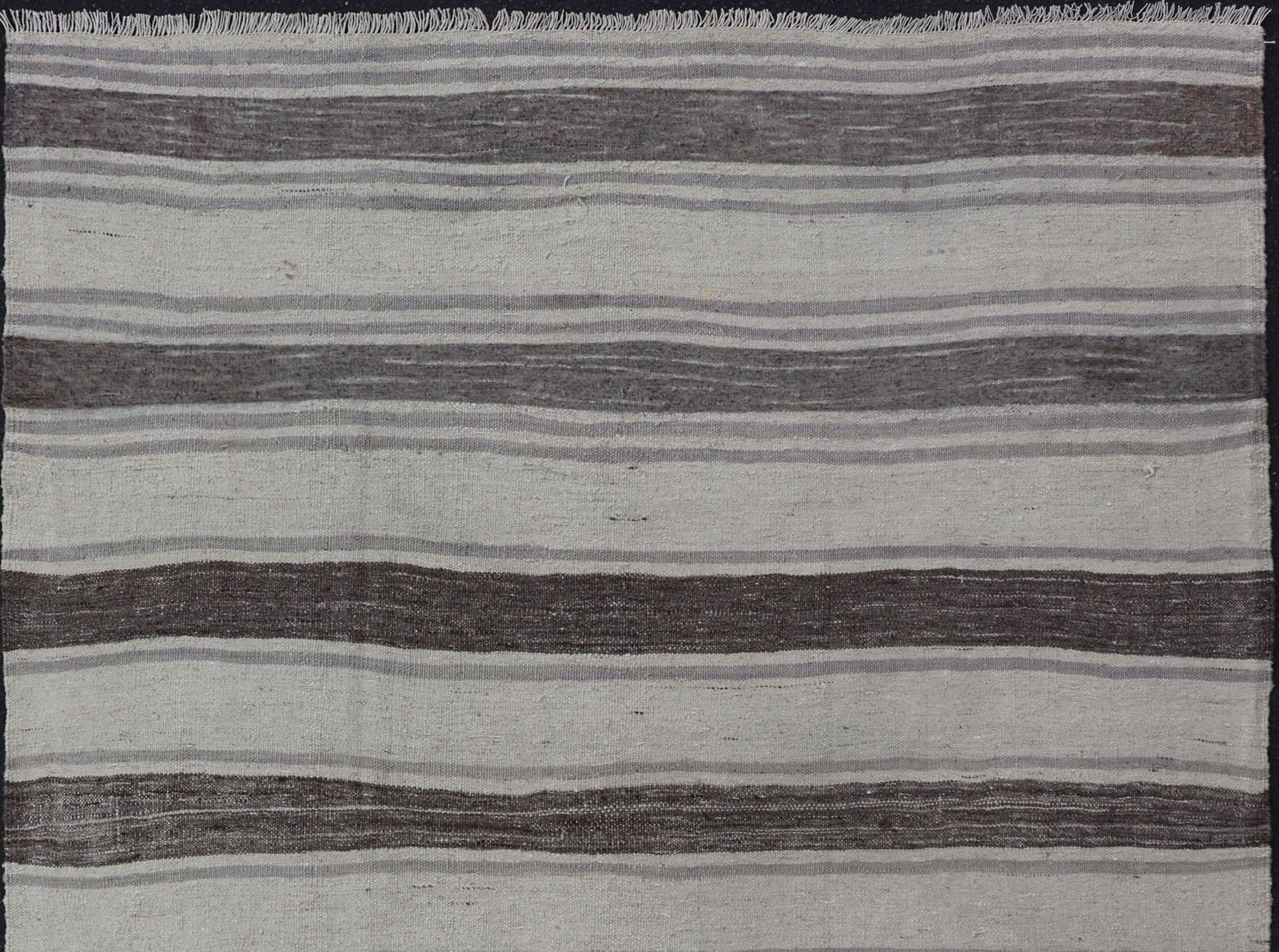 Vintage Flat Weave Turkish Kilim with Stripes in Ivory, Grey, and Charcoal For Sale 2
