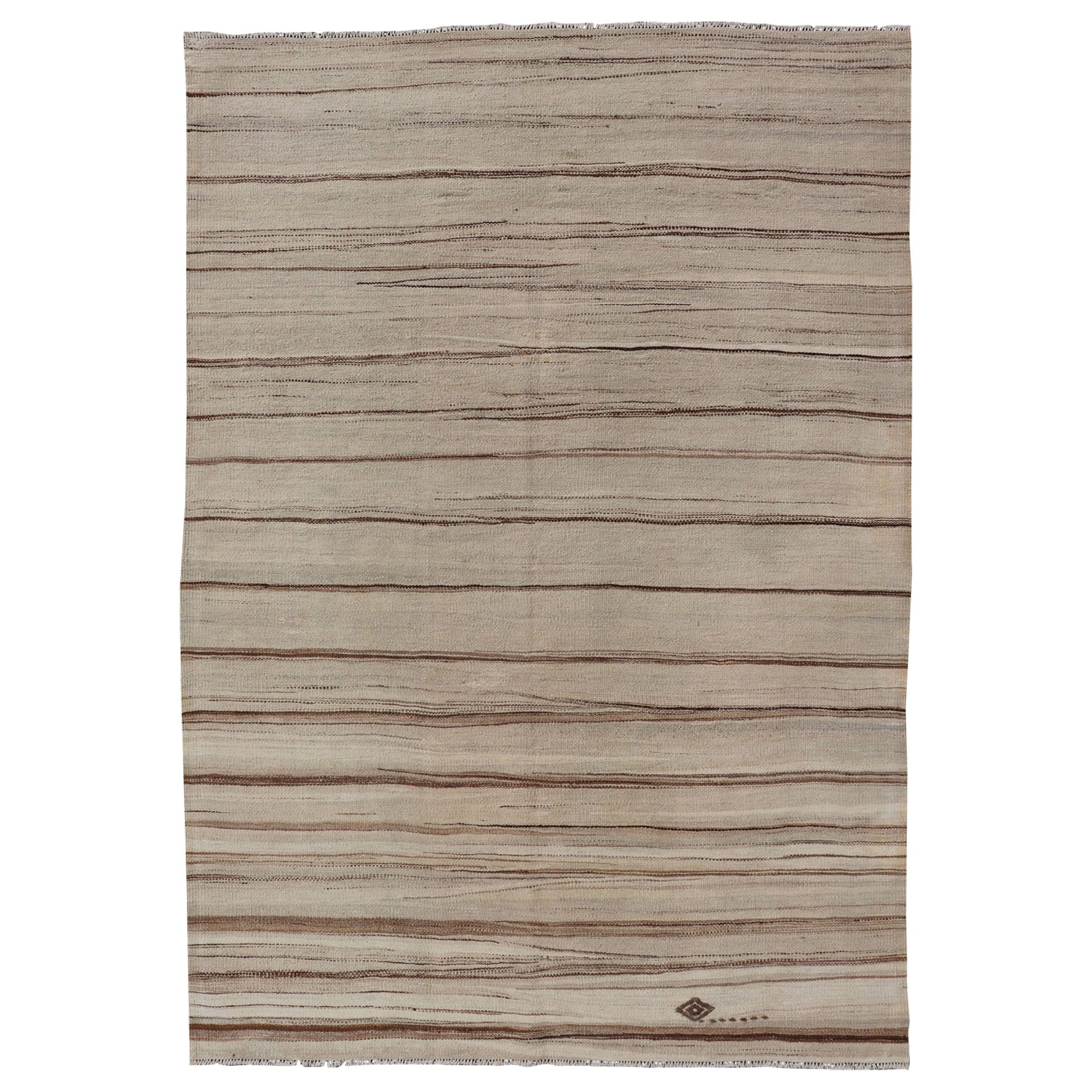 Kilim turco vintage a trama piatta con strisce nei colori Tan, Taupe, Cream e Brown