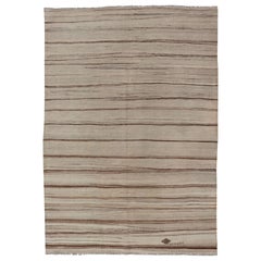 Kilim turco vintage a trama piatta con strisce nei colori Tan, Taupe, Cream e Brown