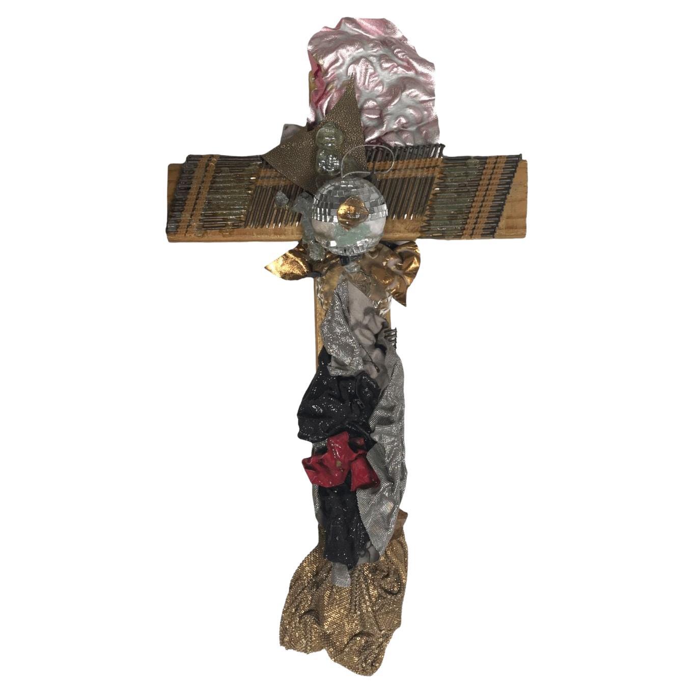 Vintage Flat Wood Cross with Mixed Media Decorations For Sale