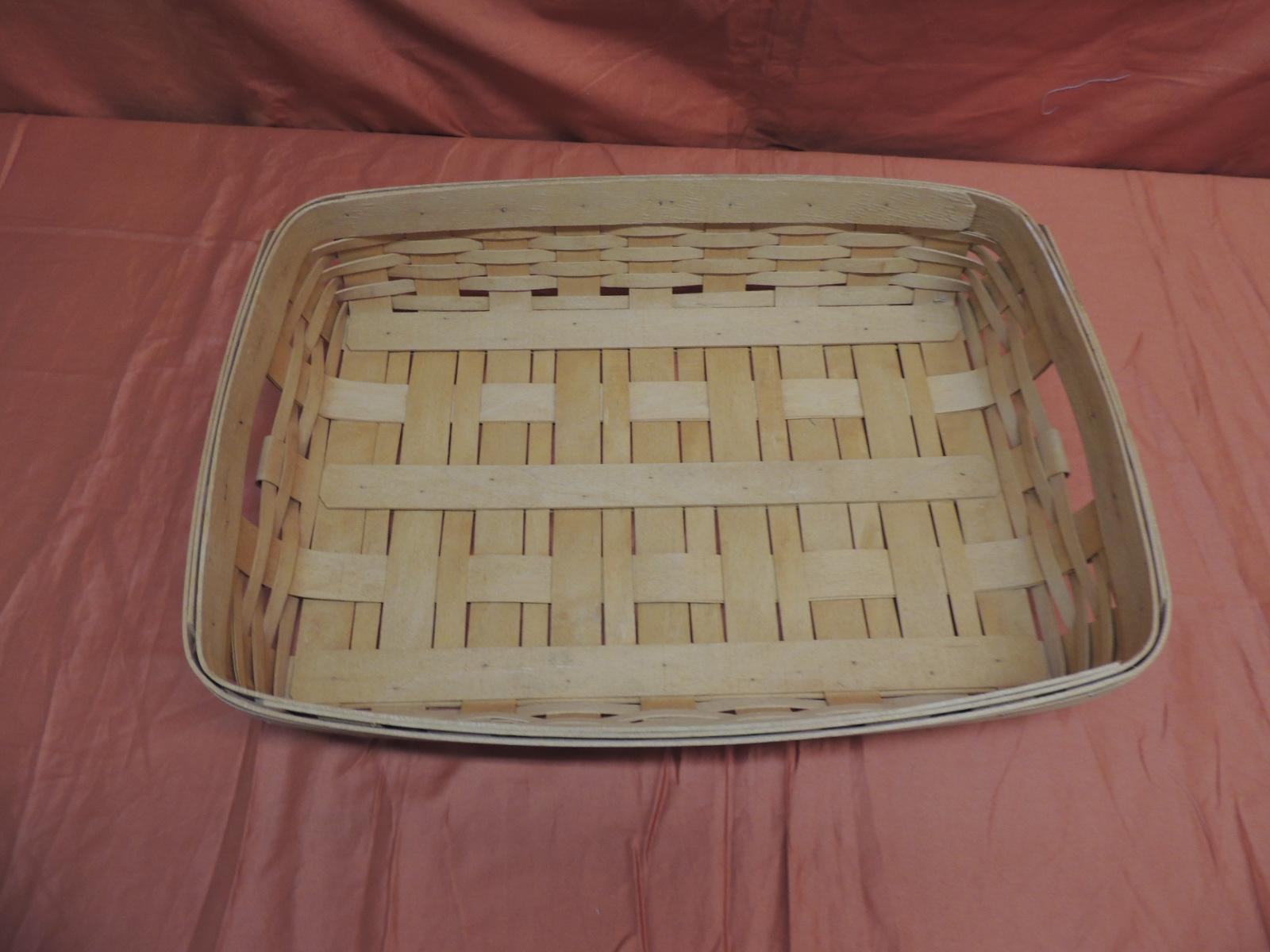 Vintage flat-woven serving fruit basket/ tray.
Basket with handles stamped: L. Baskets/ Dresden Ohio.
Signed: BAM-1998
Size: 20 W x 14.5 D x 4