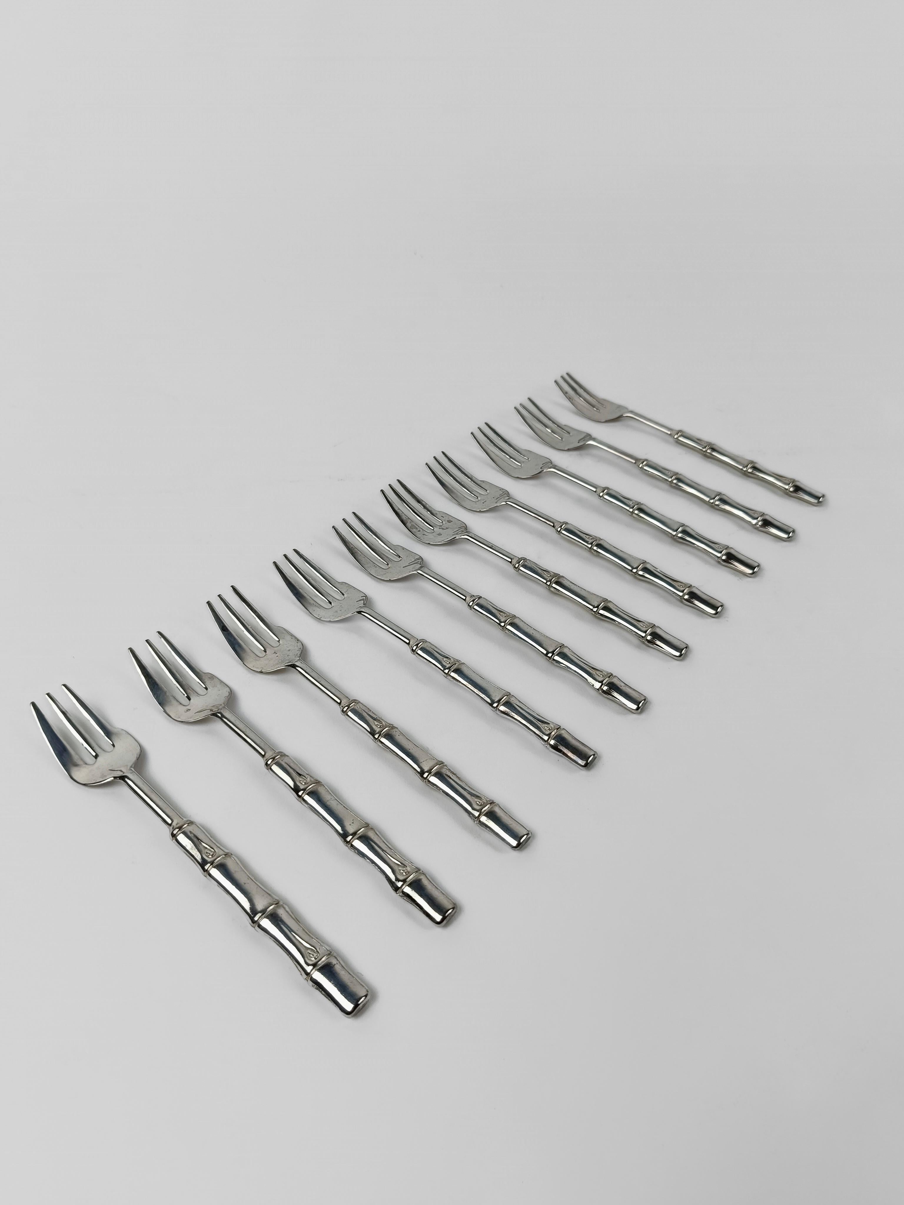 Vintage Flatware Set for 10 made in Silve Plated Faux Bamboo, Italy 1960s For Sale 11