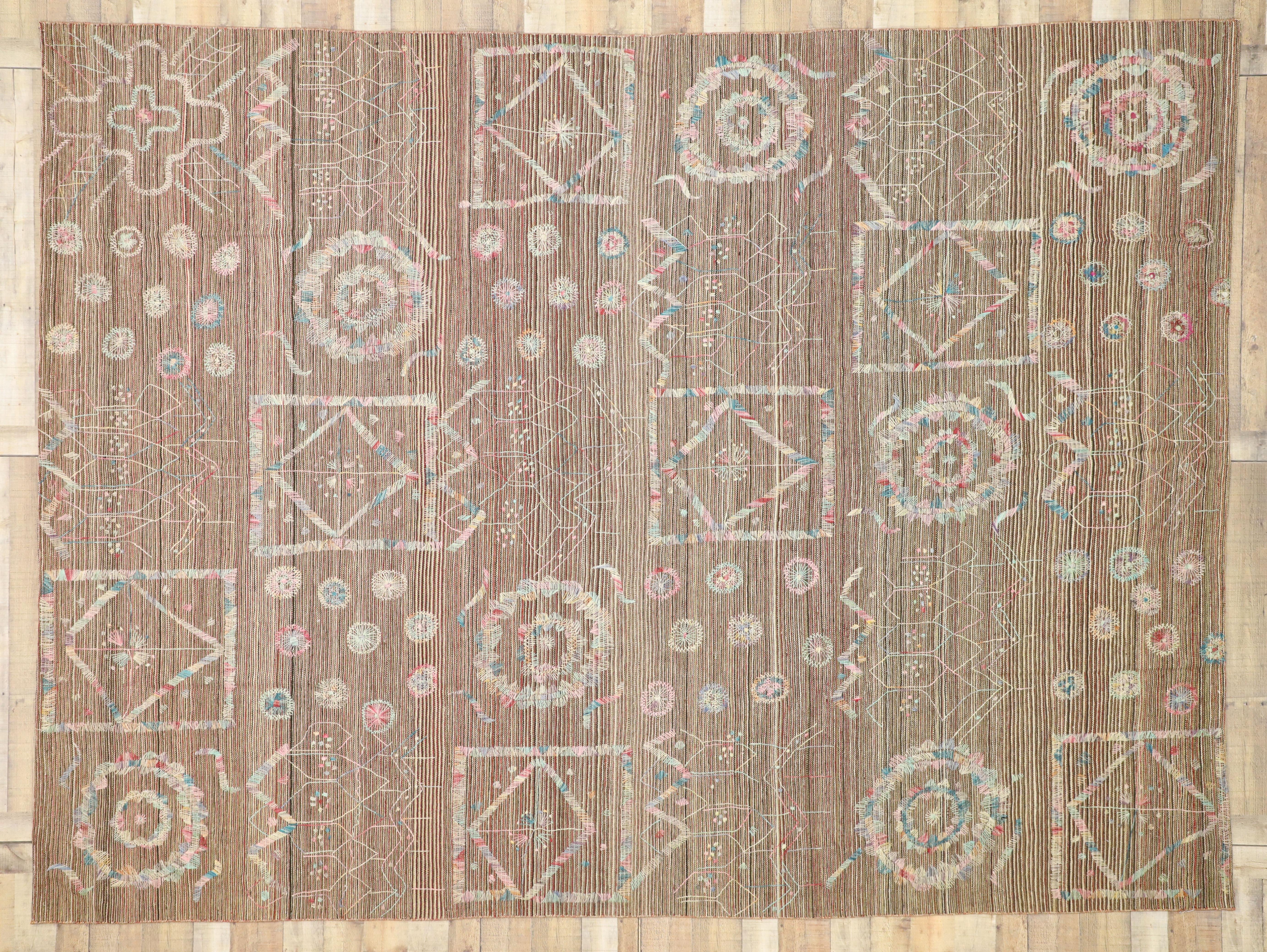 Wool Vintage Flatweave Kilim Rug with Embroidered Suzani Design in Soft Pastel Colors