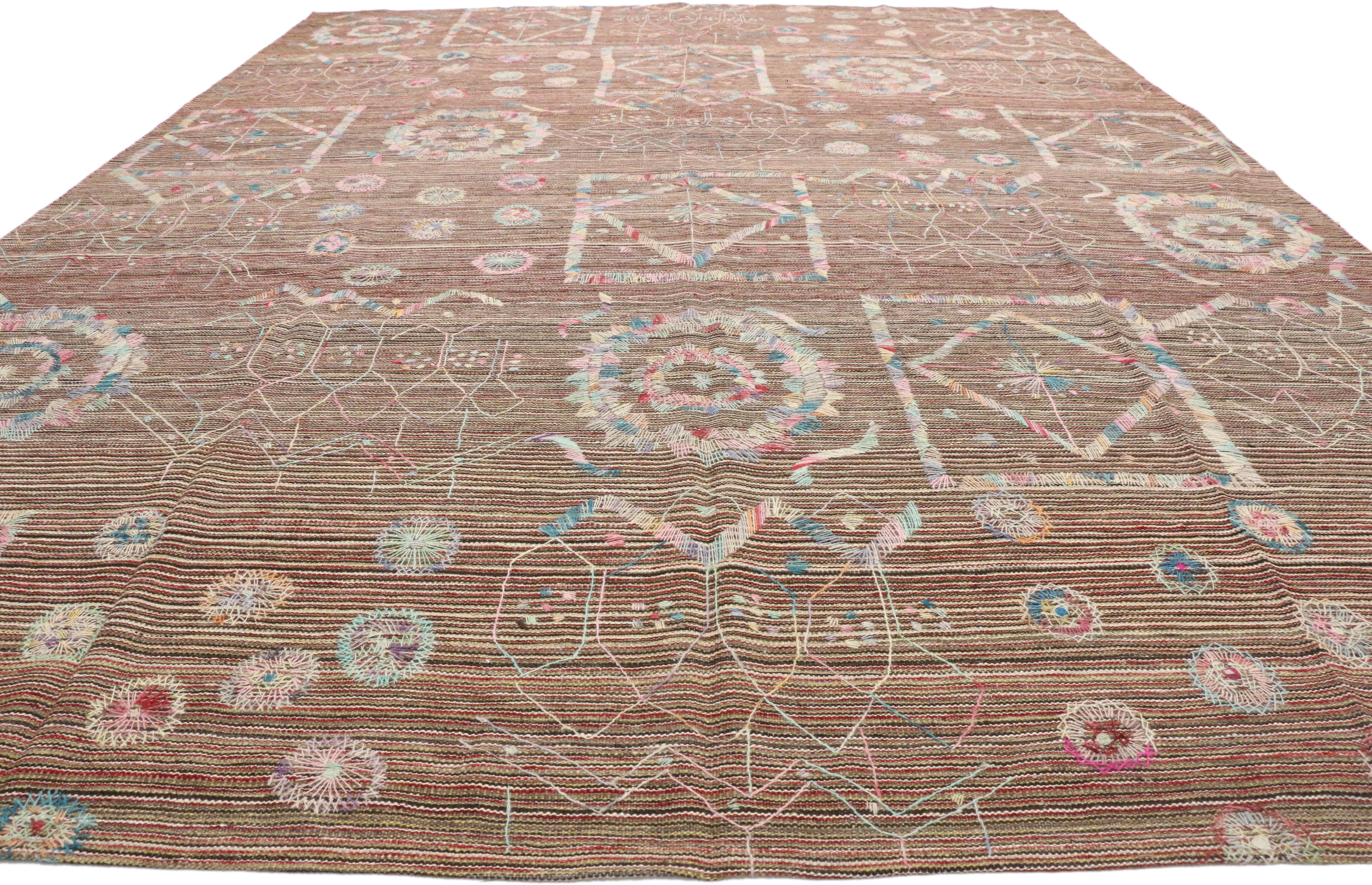 Bohemian Vintage Flatweave Kilim Rug with Embroidered Suzani Design in Soft Pastel Colors
