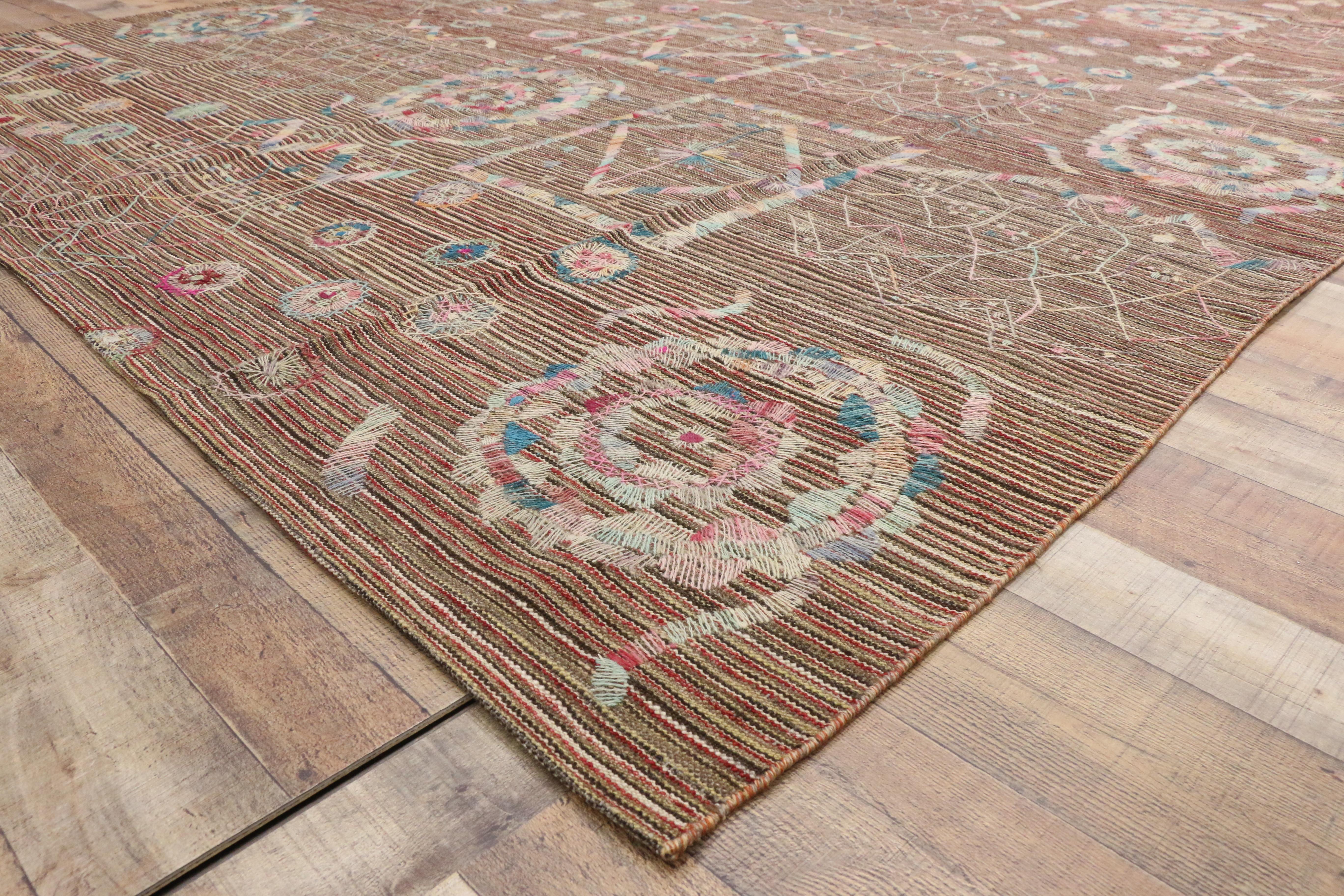 20th Century Vintage Flatweave Kilim Rug with Embroidered Suzani Design in Soft Pastel Colors