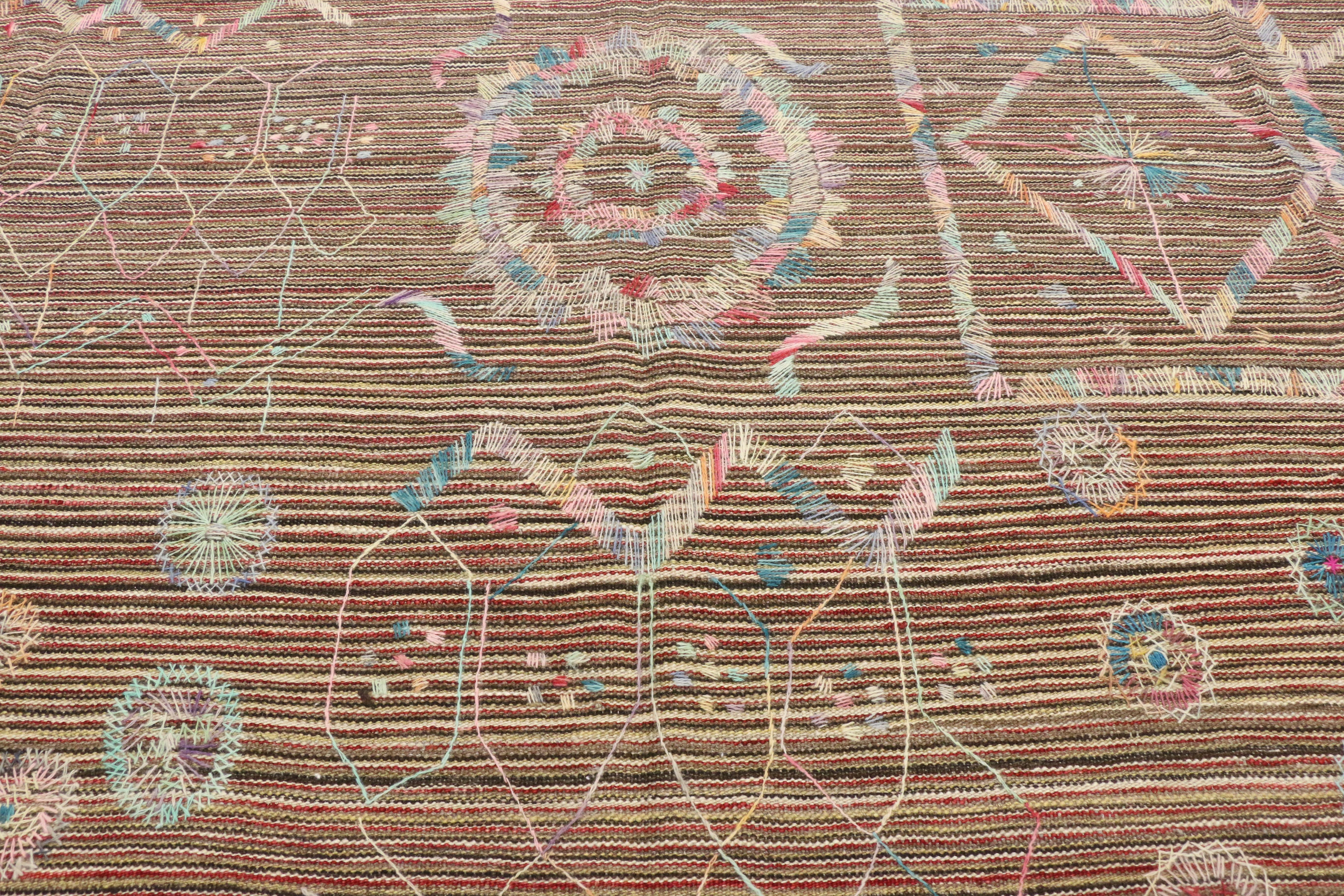 Afghan Vintage Flatweave Kilim Rug with Embroidered Suzani Design in Soft Pastel Colors