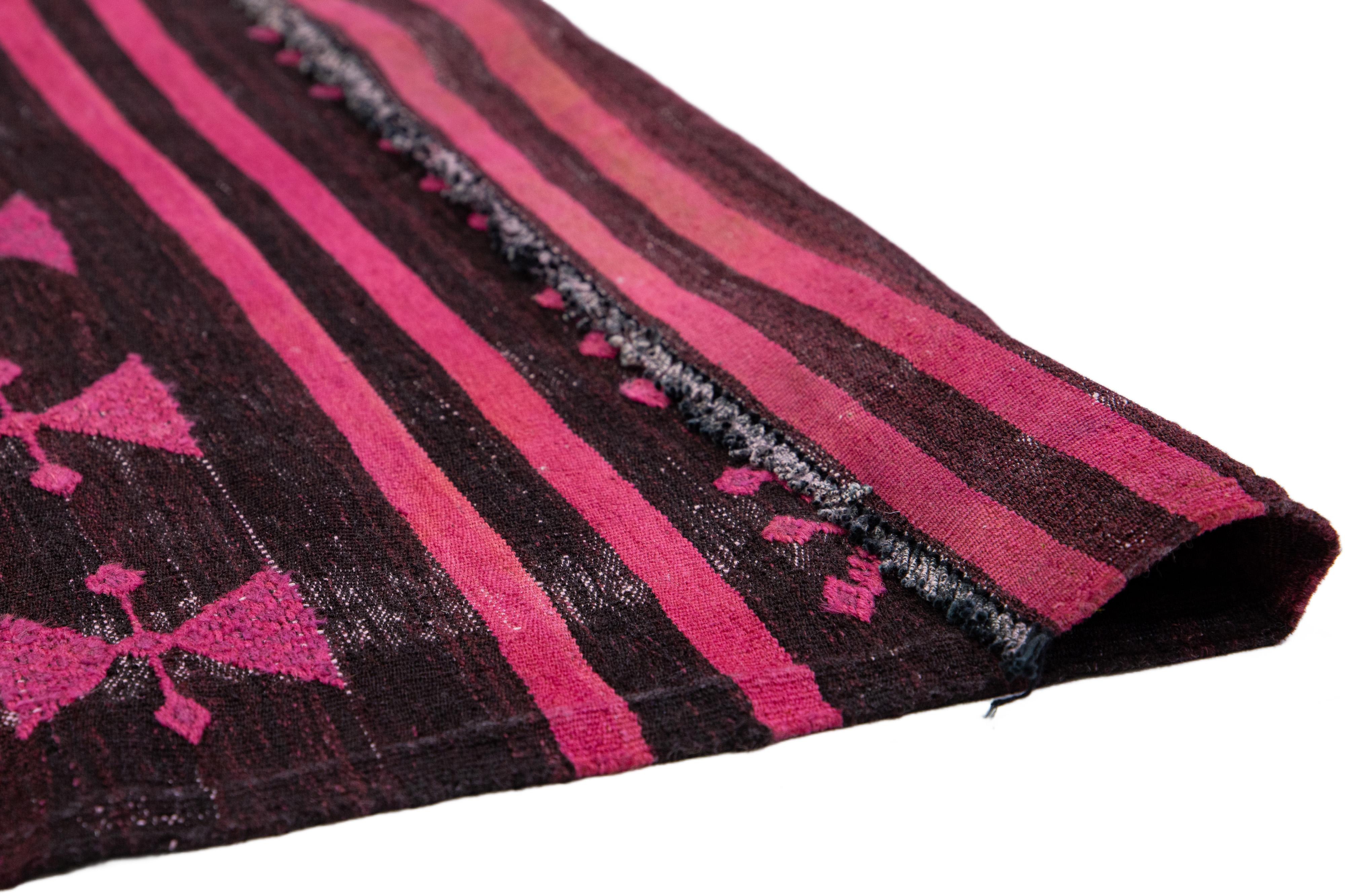 Turkish Vintage Flatweave Kilim Wool Rug Geometric In Pink and Brown Color   For Sale
