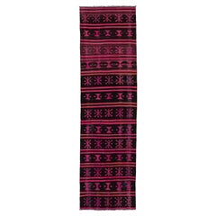 Vintage Flachgewebe Kilim Wollteppich Geometrisch In Rosa und Braun Farbe