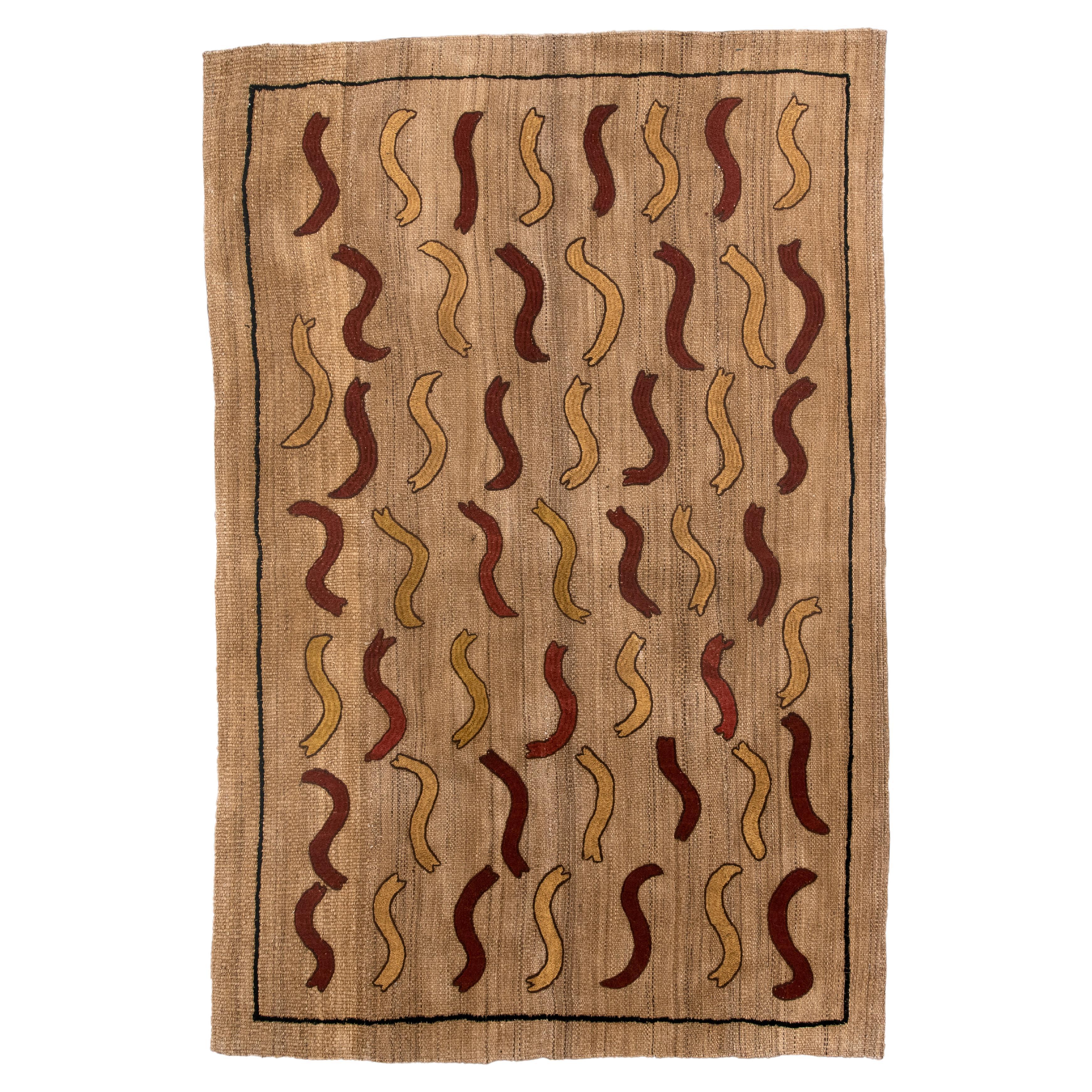 Vintage Flatweave Rug with Abstract Wavy Motifs in Earth Tones For Sale