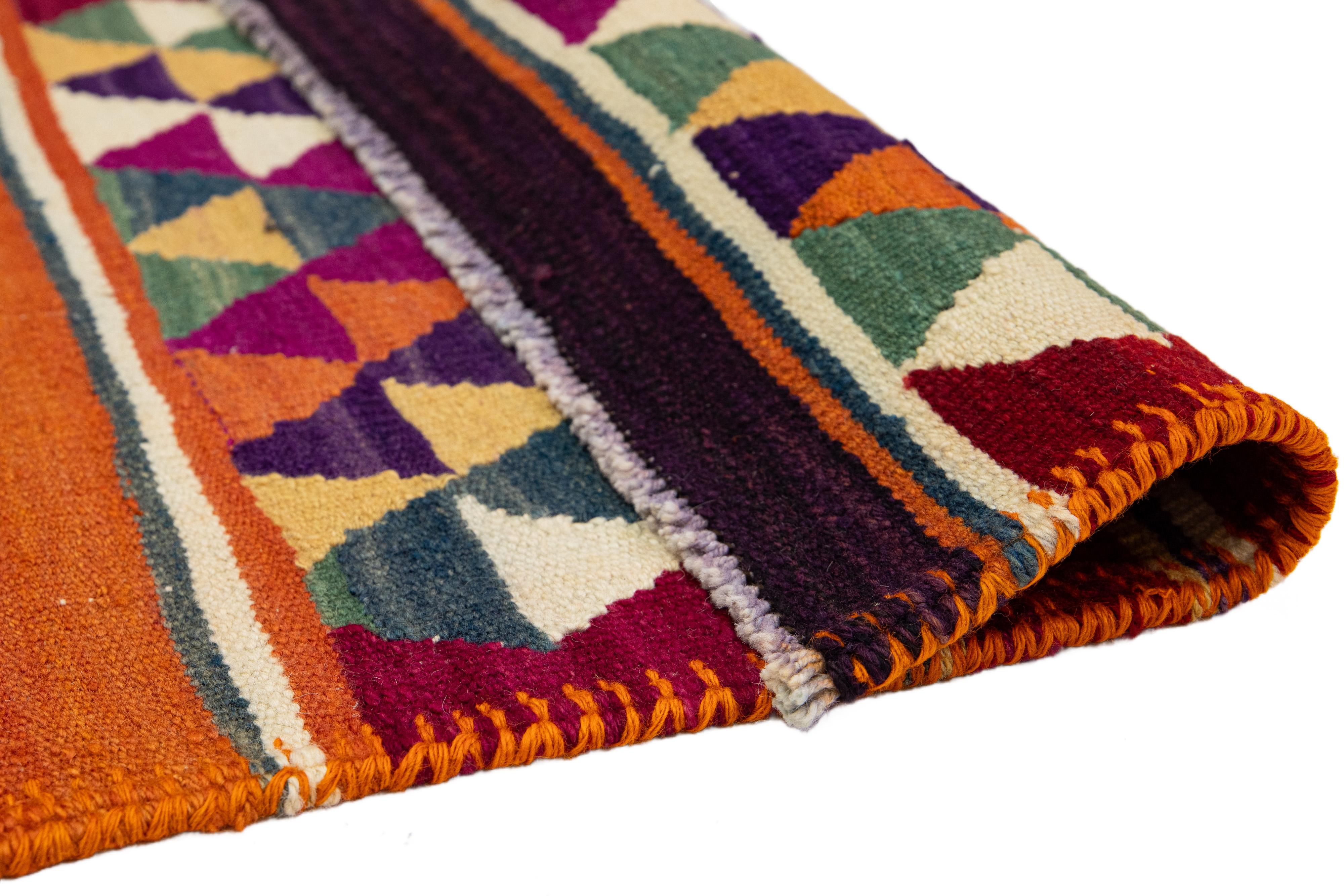 Hand-Knotted Vintage Flatweave Turkish Kilim Wool Rug With Multicolor Geometric Design For Sale