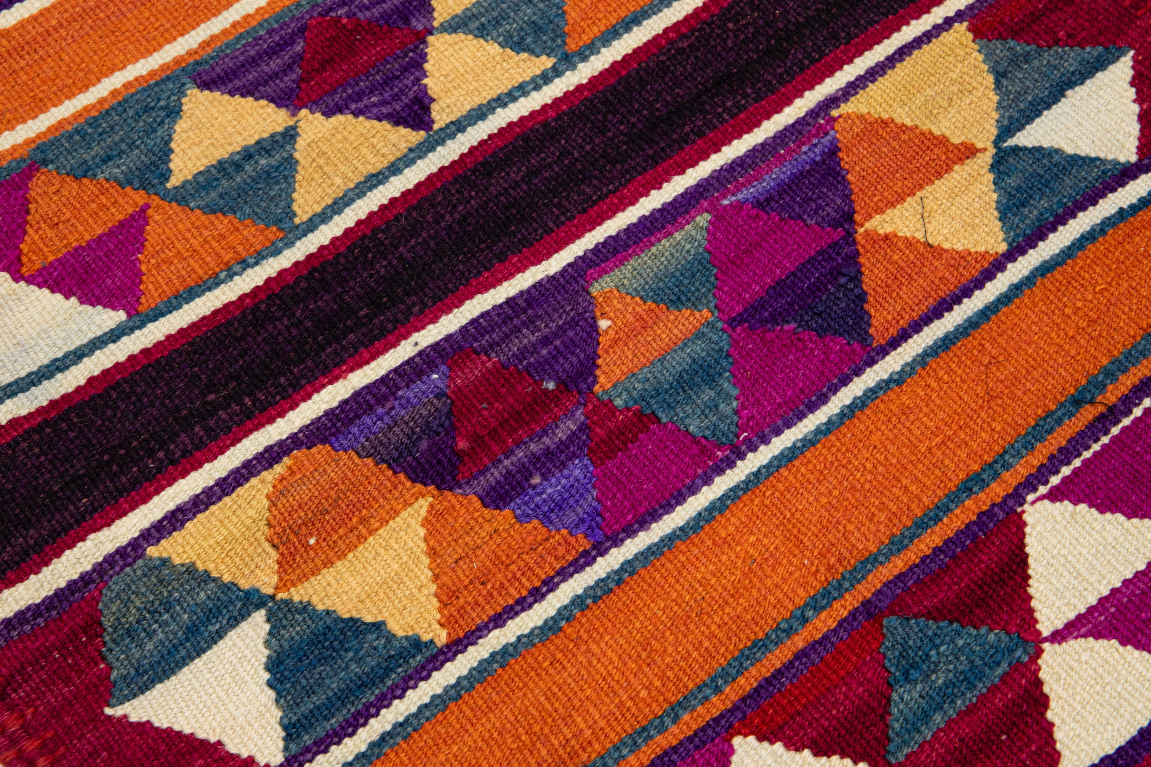 Vintage Flatweave Turkish Kilim Wool Rug With Multicolor Geometric Design For Sale 1