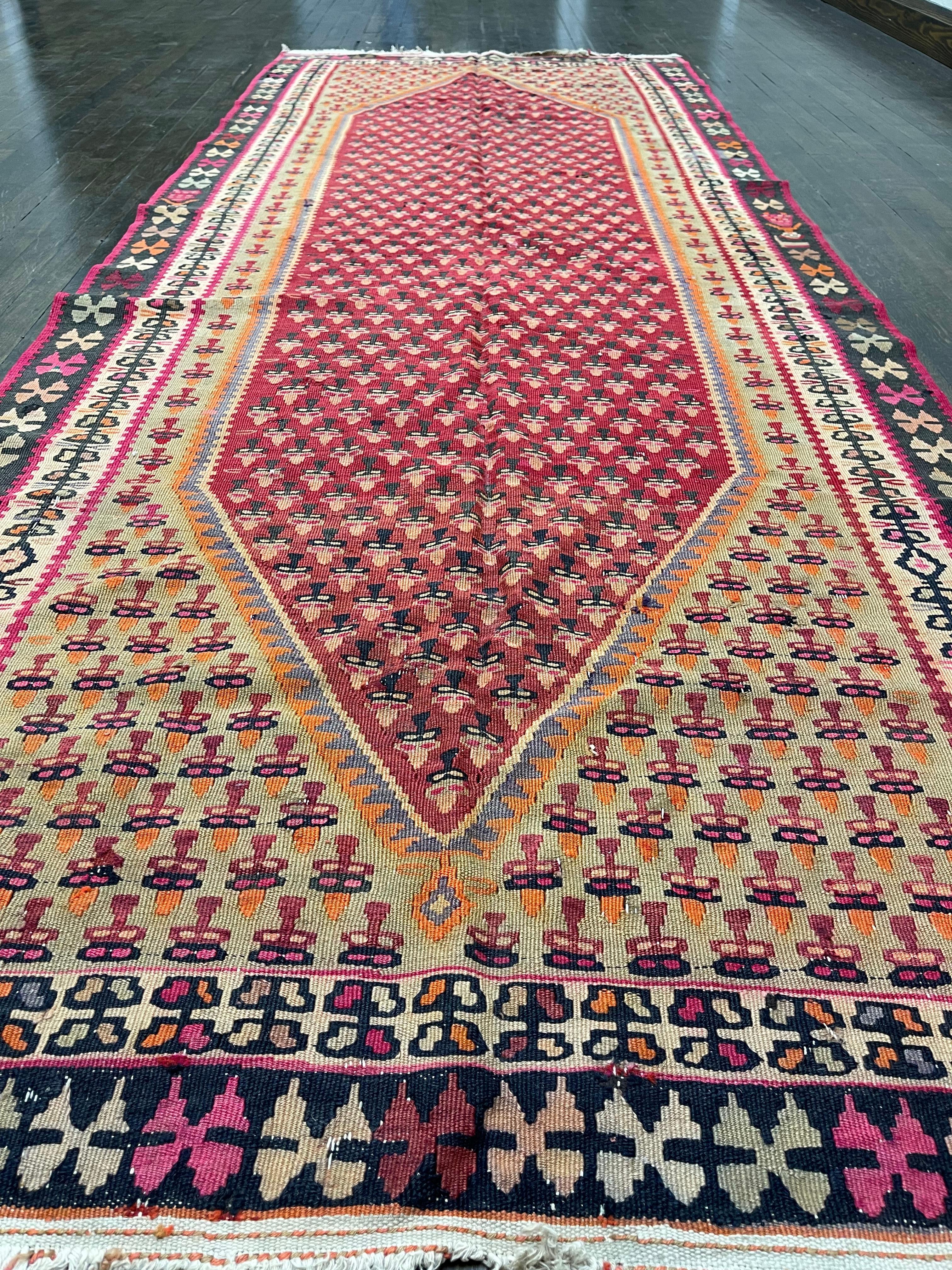 This rug is hand woven in Turkey. Flatweave rug,also known as Kilm are hand-loomed textile with a flat surface-without pile-which present a relatively two dimensional surface. Their basic structure is a plain weave which results when warp and weft
