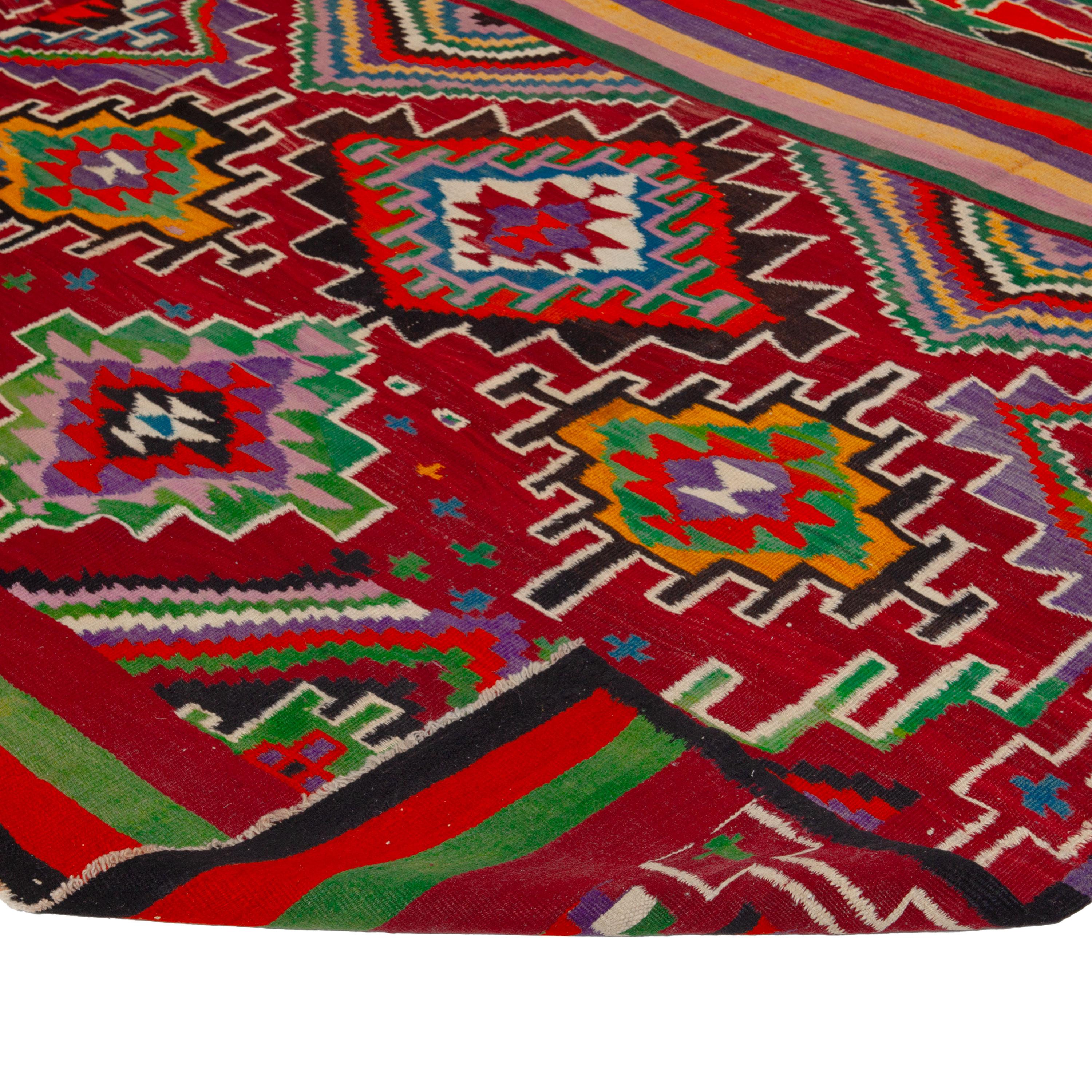 Hand-Knotted abc carpet Vintage Flatweave Wool Turkish Kilim - 6'7