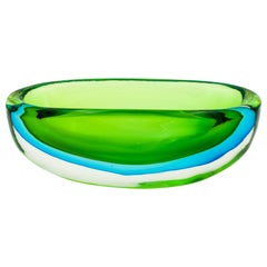 Vintage Flavio Poli for Seguso Vetri d'Arte Large Green and Blue Glass Dish