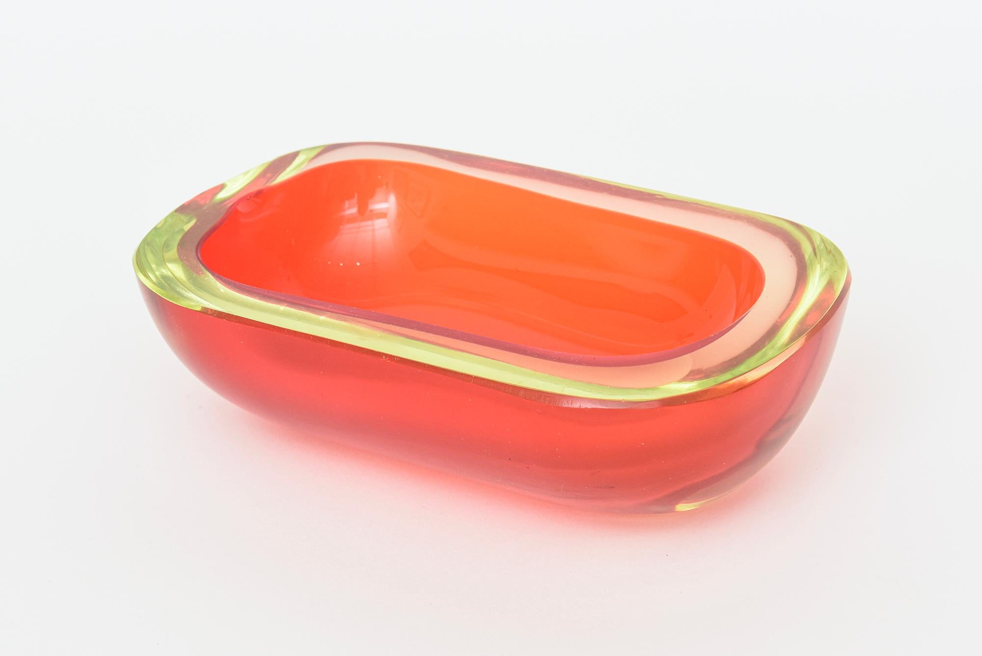Vintage Flavio Poli Murano Red and Yellow Uranium Sommerso Oblong Glass Bowl For Sale 2