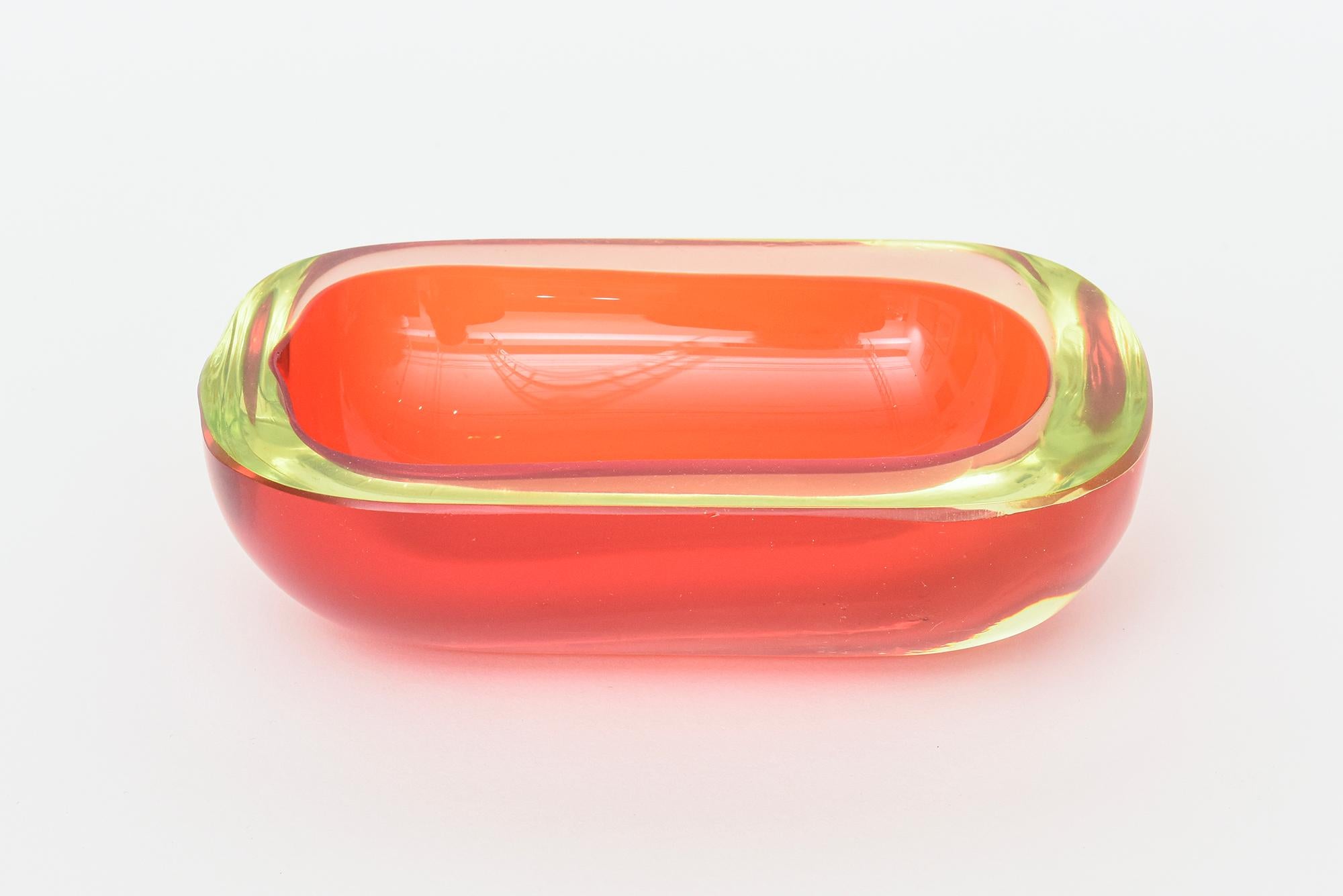 Mid-Century Modern Vintage Flavio Poli Murano Red and Yellow Uranium Sommerso Oblong Glass Bowl For Sale