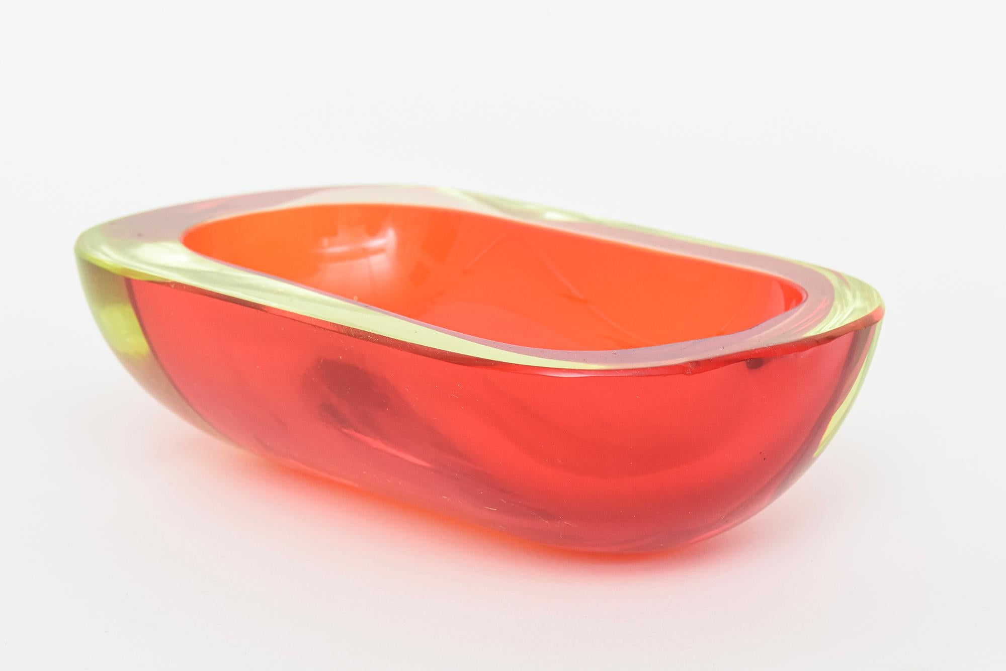 Blown Glass Vintage Flavio Poli Murano Red and Yellow Uranium Sommerso Oblong Glass Bowl For Sale