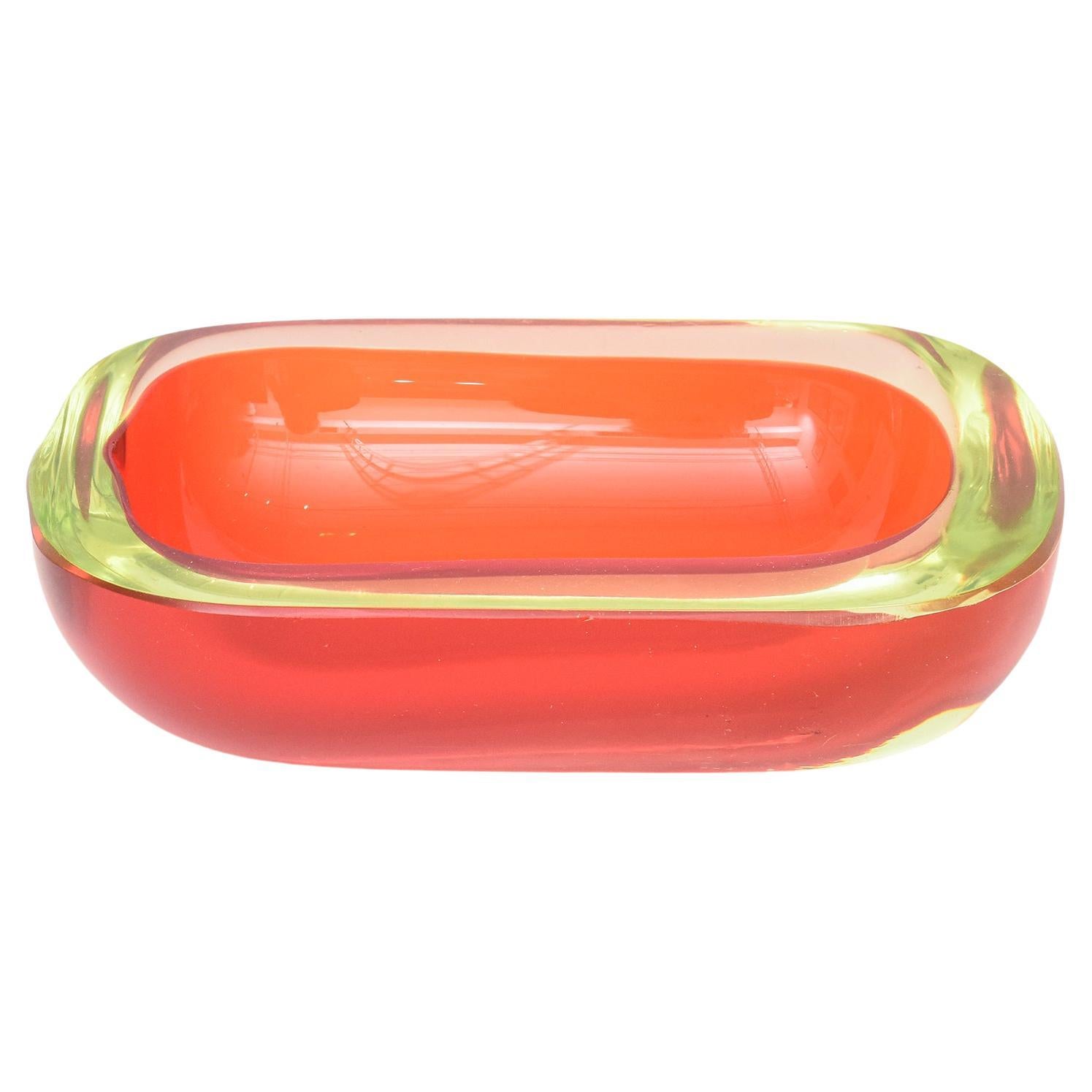 Vintage Flavio Poli Murano Red and Yellow Uranium Sommerso Oblong Glass Bowl For Sale