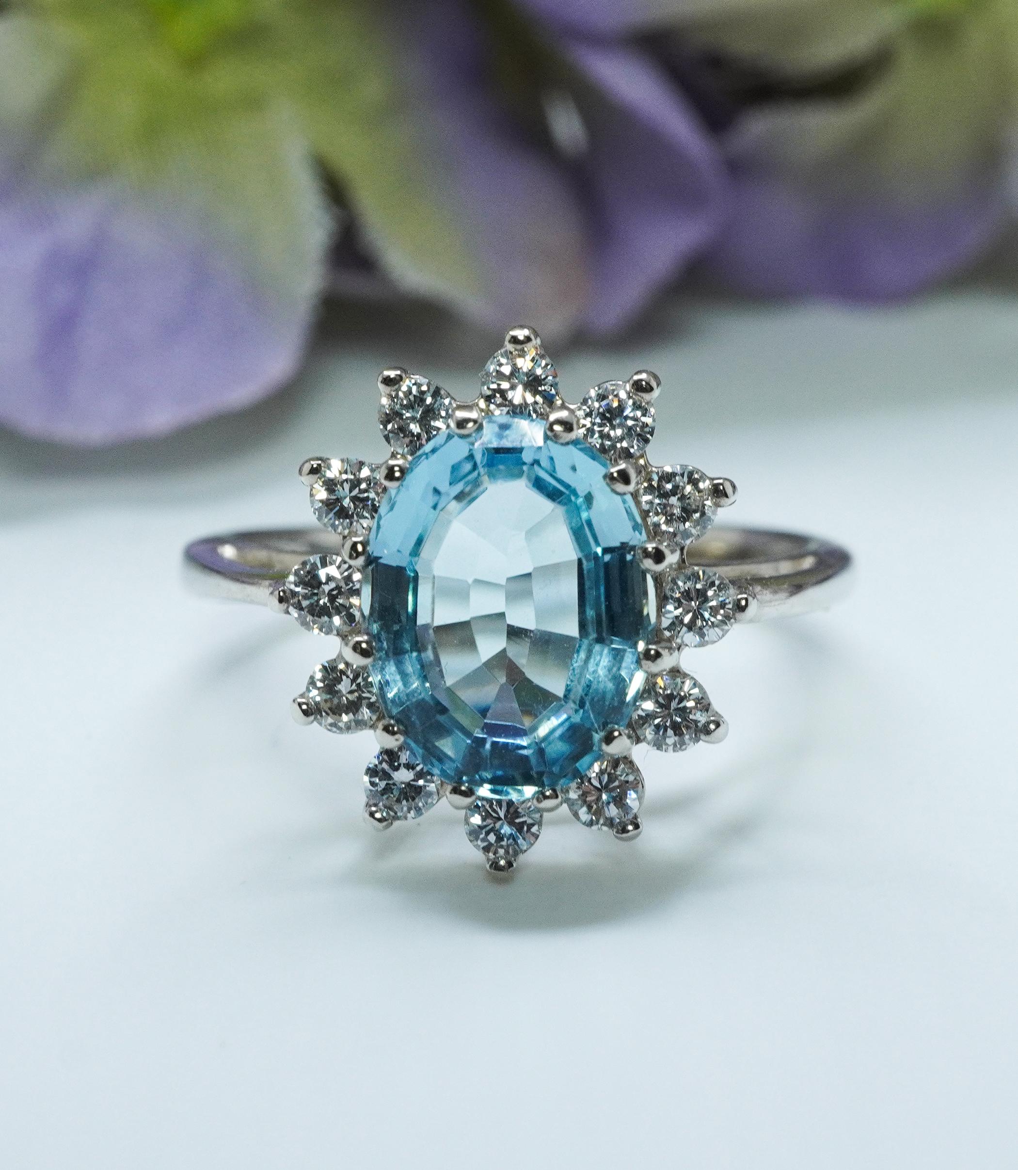 Oval Cut Vintage Flawless Aquamarine Master cut Diamond Halo Ring 14K White Gold Estate For Sale