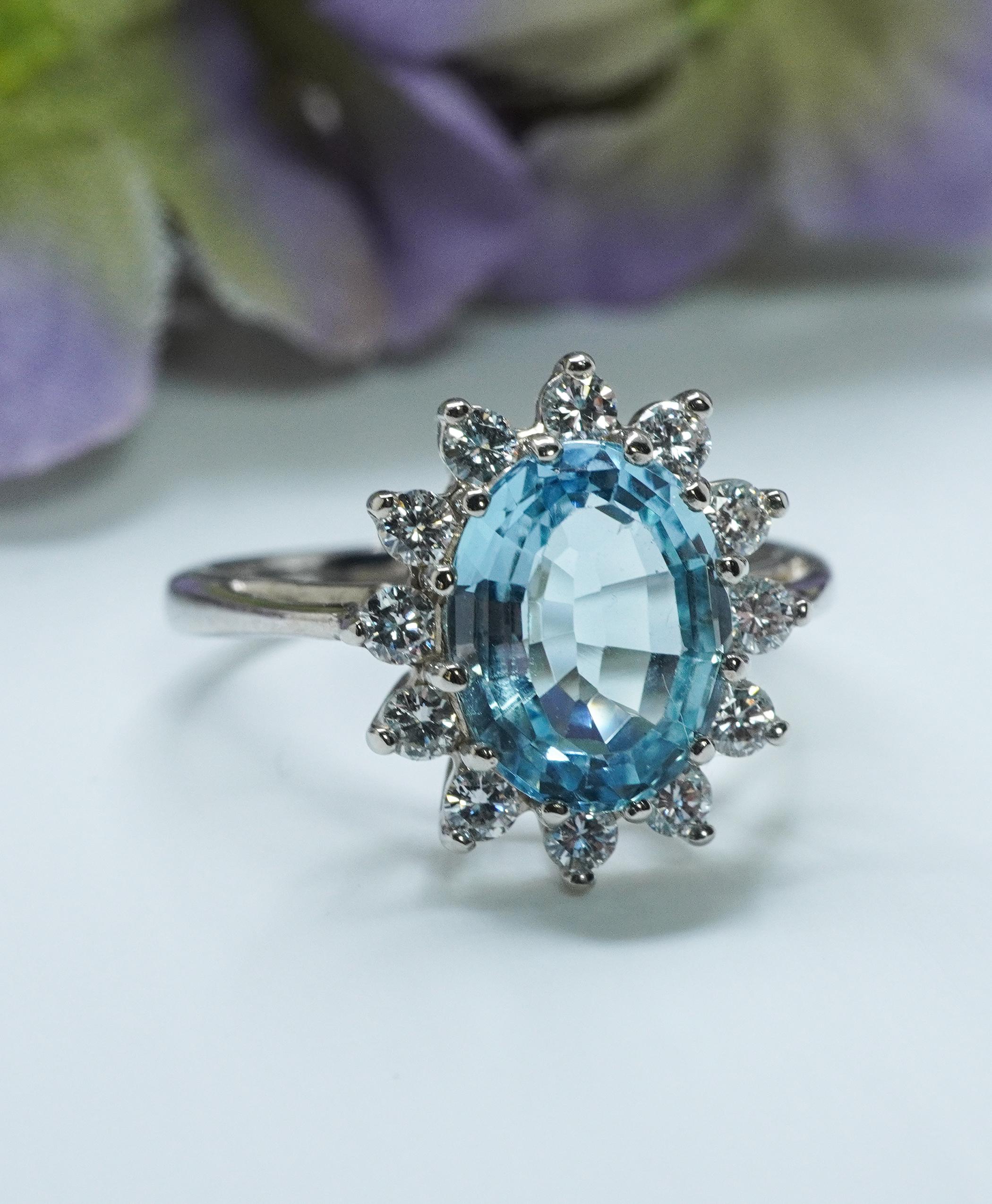 Women's Vintage Flawless Aquamarine Master cut Diamond Halo Ring 14K White Gold Estate For Sale