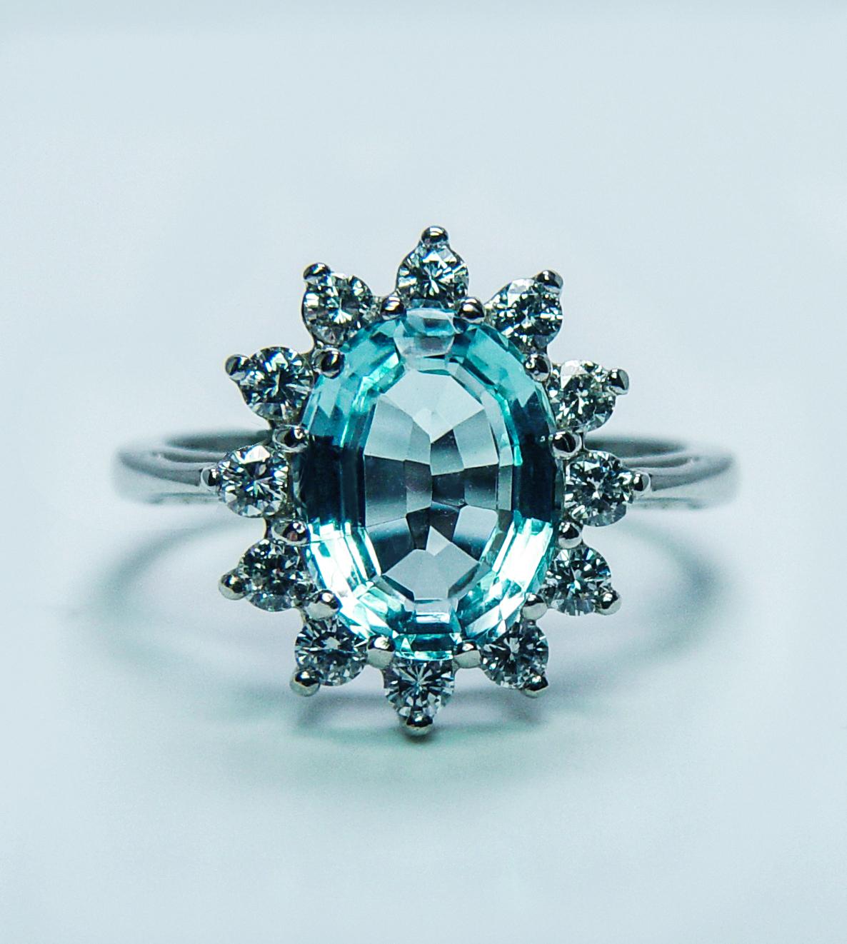 Vintage Flawless Aquamarine Master cut Diamond Halo Ring 14K White Gold Estate For Sale 1