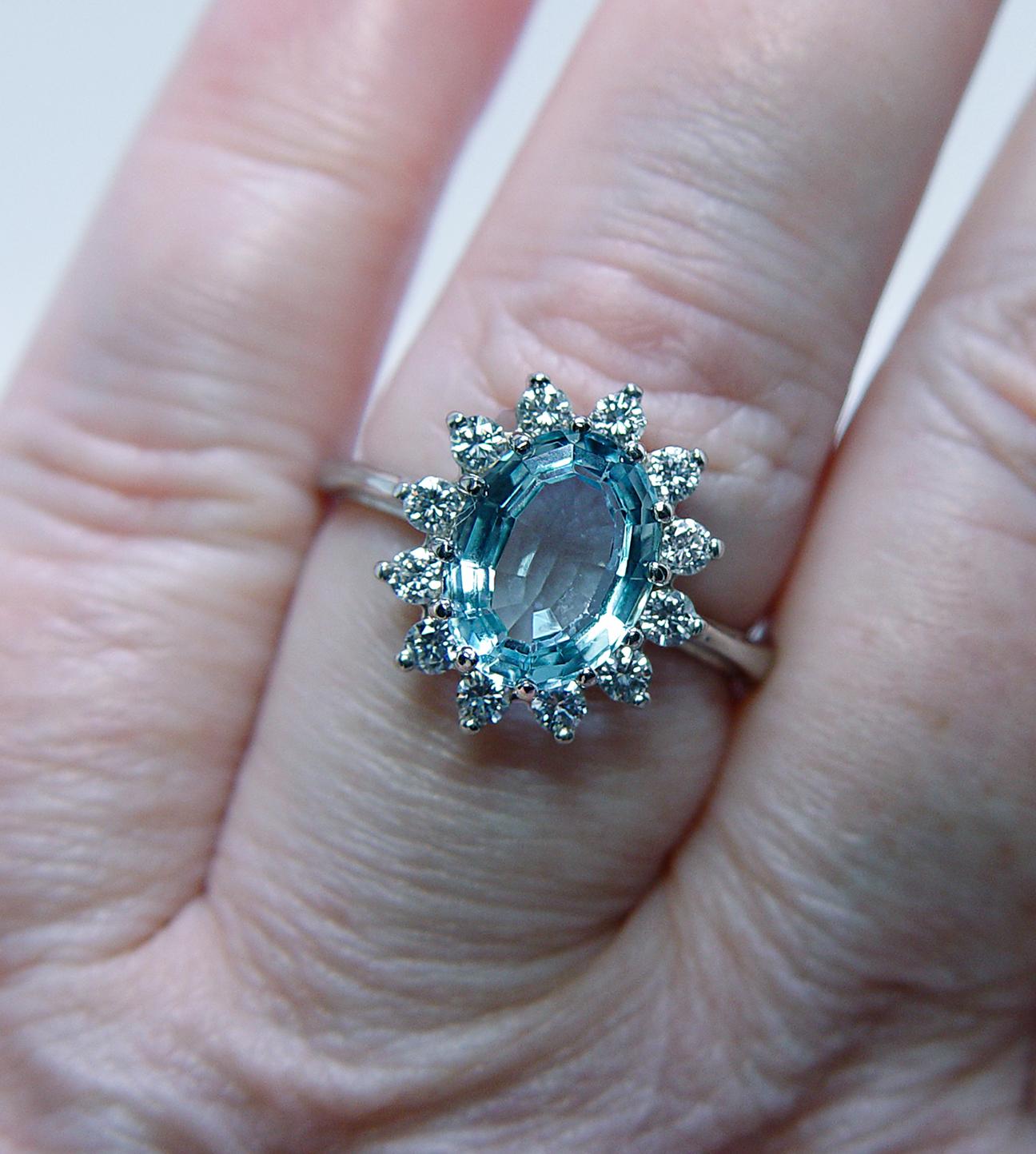 Vintage Flawless Aquamarine Master cut Diamond Halo Ring 14K White Gold Estate For Sale 3