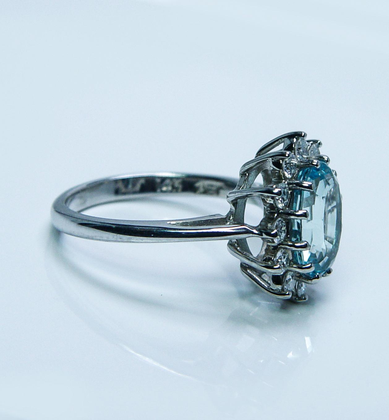 Vintage Flawless Aquamarine Master cut Diamond Halo Ring 14K White Gold Estate For Sale 4