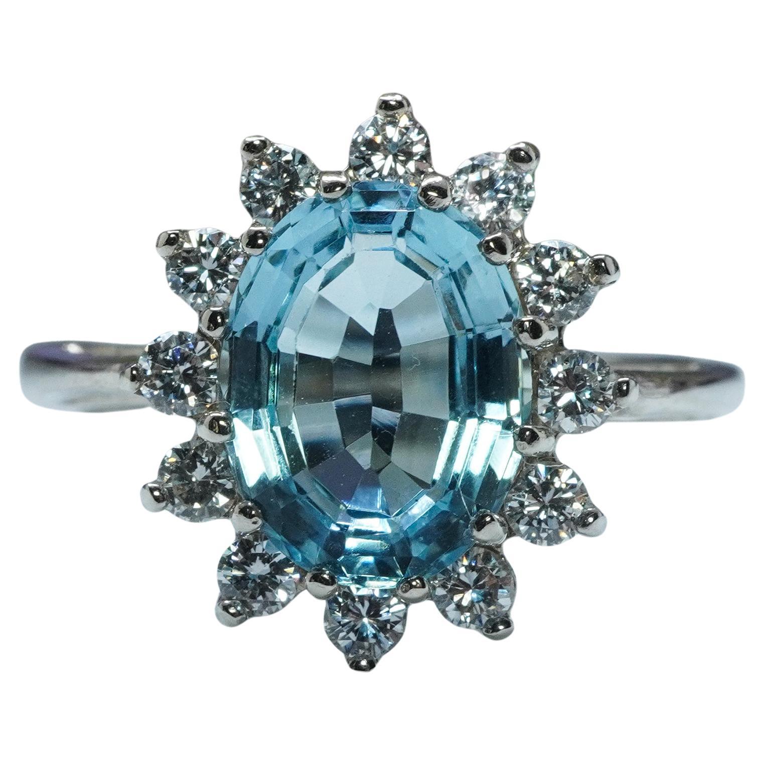 Vintage impecable aguamarina corte maestro anillo de diamantes halo de 14 quilates de oro blanco Estate