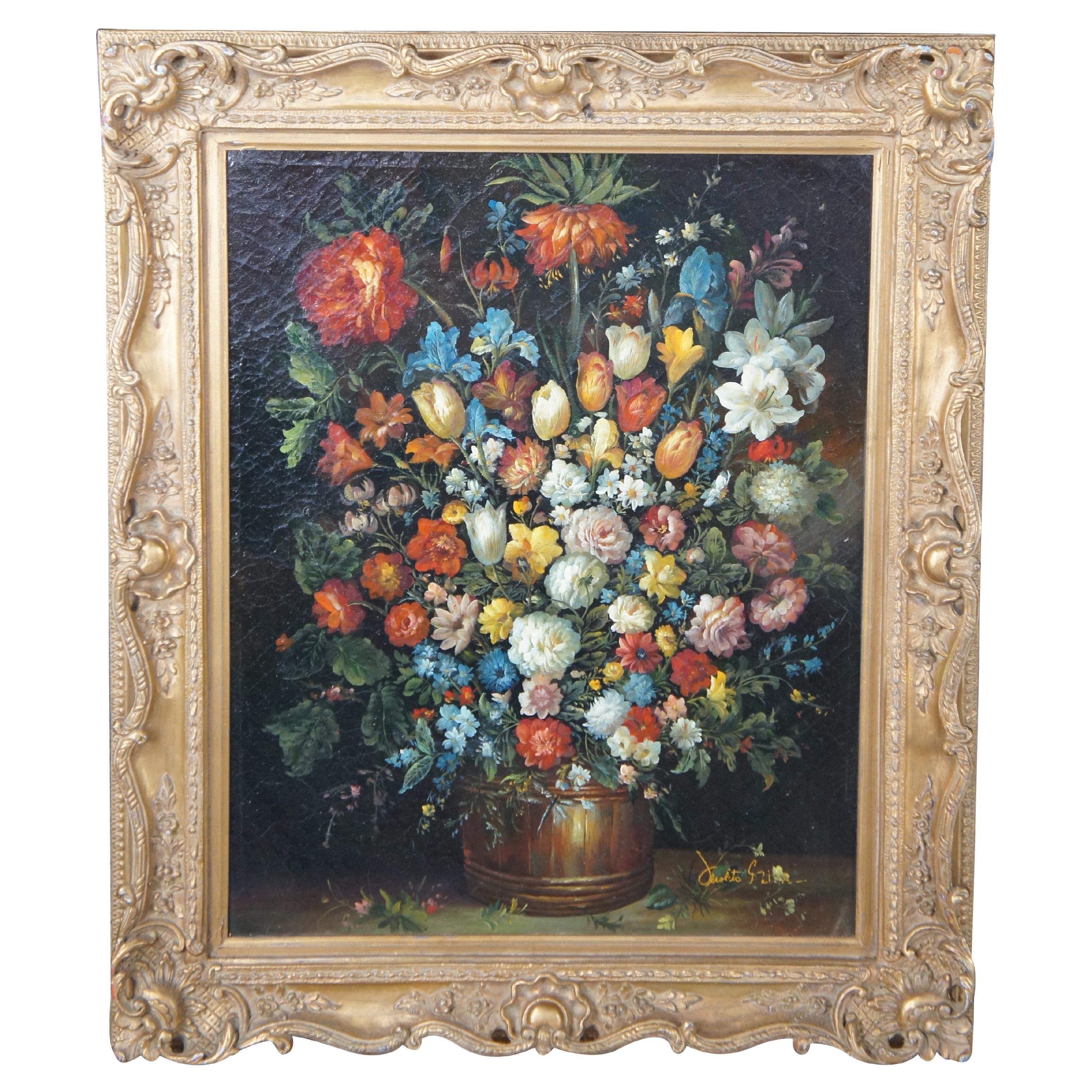 Vintage Flemish Style Floral Still Life Signed Oil Painting