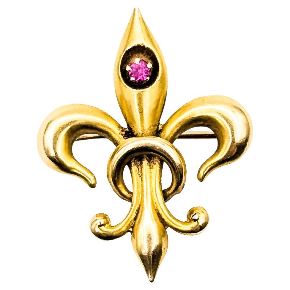 Broche Vintage Fleur-de-Lis Rubis en or jaune 14k