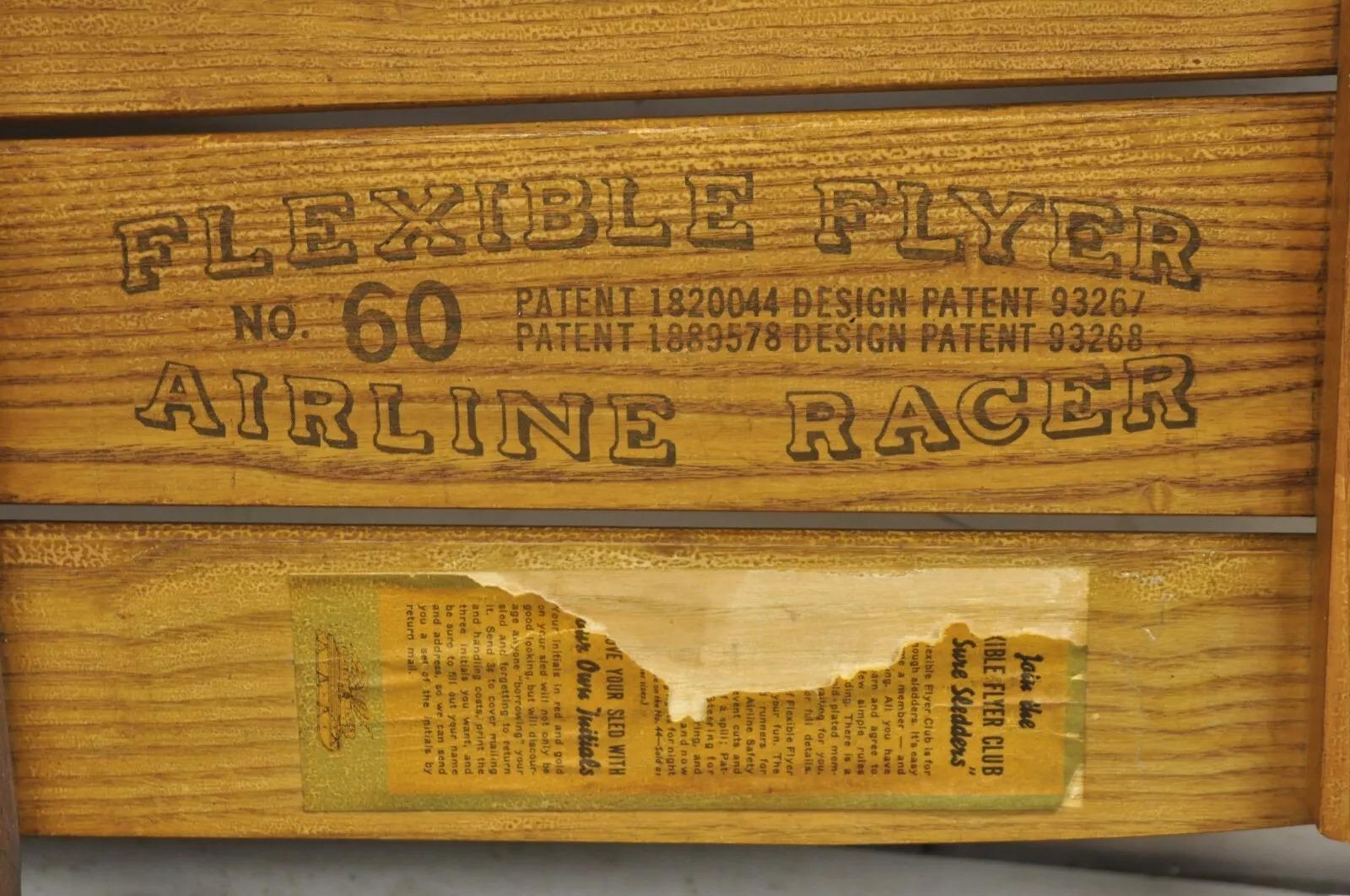20th Century Vintage Flexible Flyer Airline Racer No 60 Wooden Sled Planet Jr USA For Sale