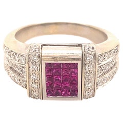 Vintage Flip Ring with Diamonds and Rubies 14K White Gold