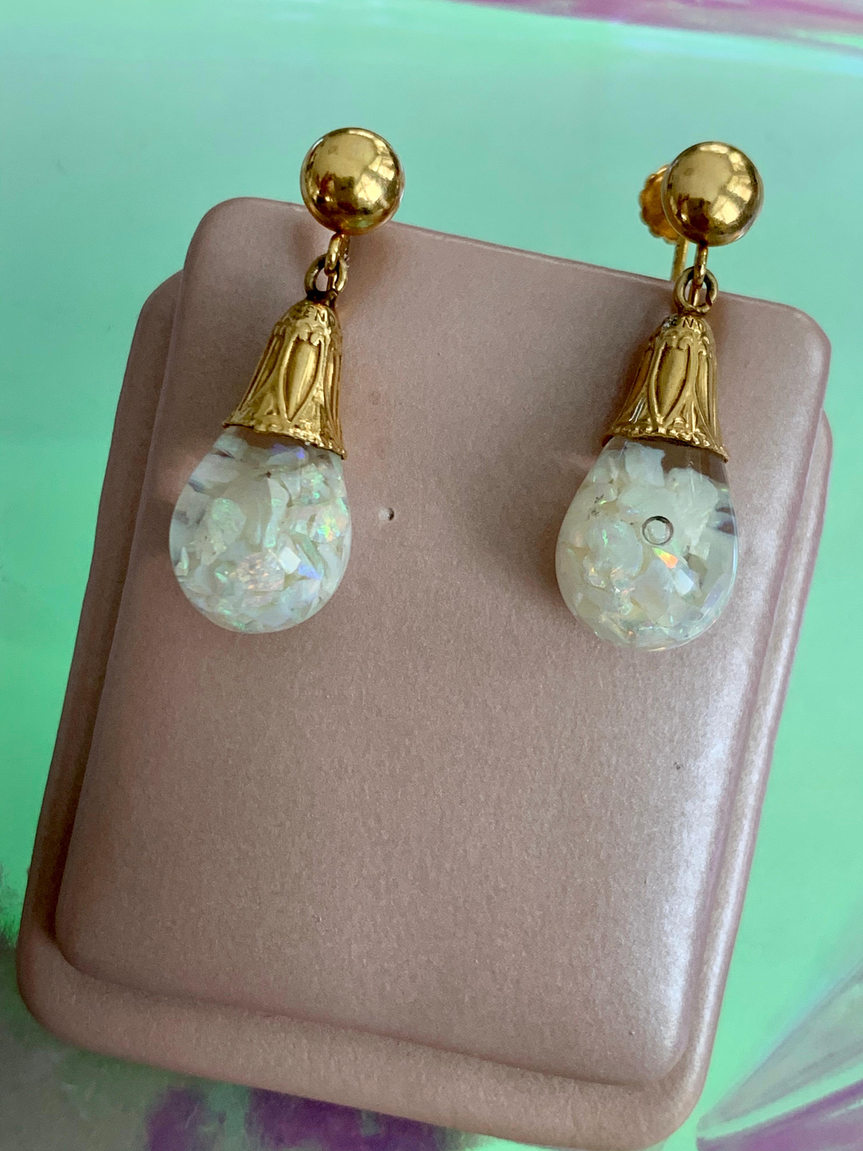 Mixed Cut Vintage Floating Crushed Opal Drop 14 Karat Yellow Gold Screw Back Earrings
