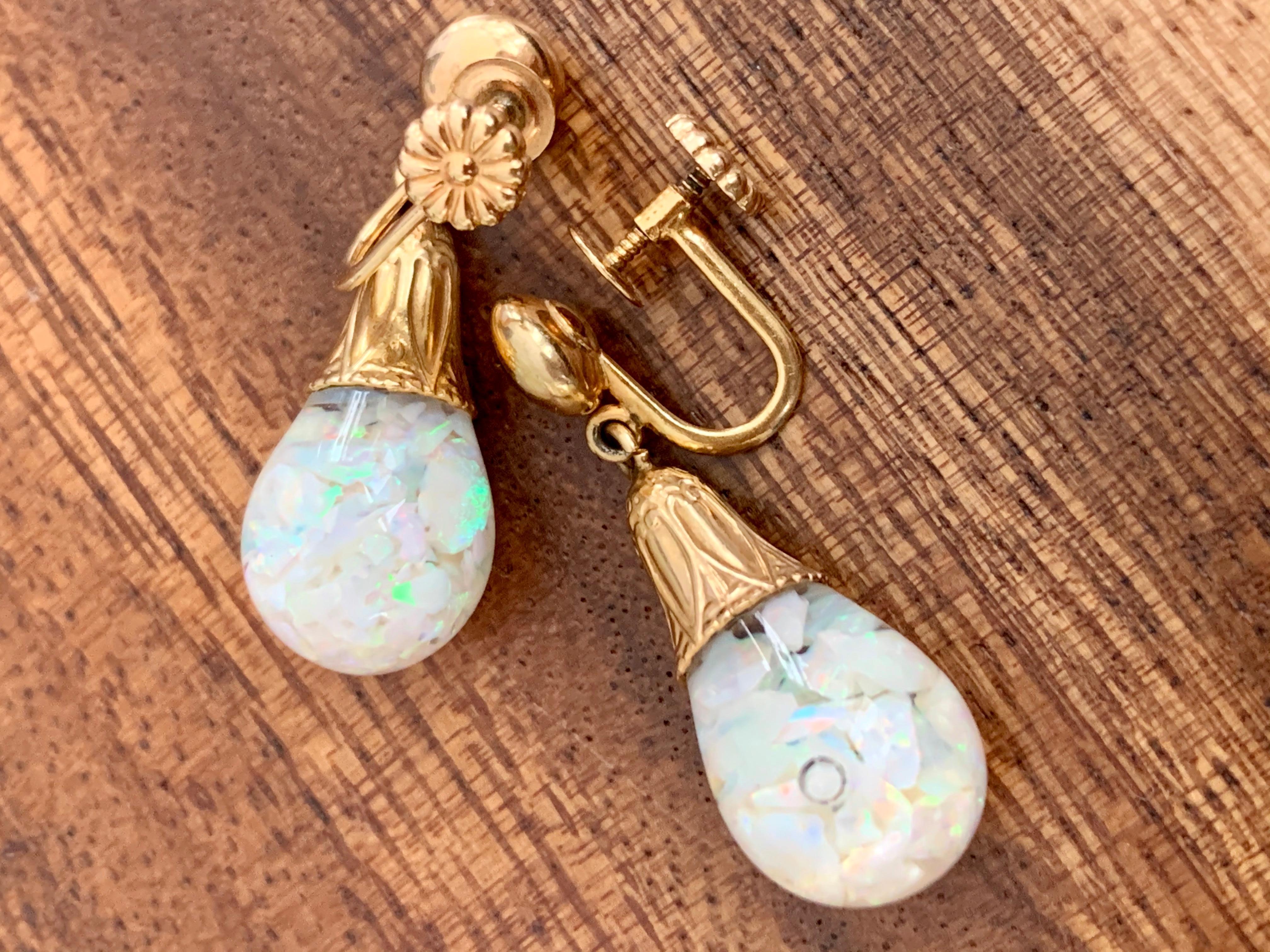 Women's Vintage Floating Crushed Opal Drop 14 Karat Yellow Gold Screw Back Earrings
