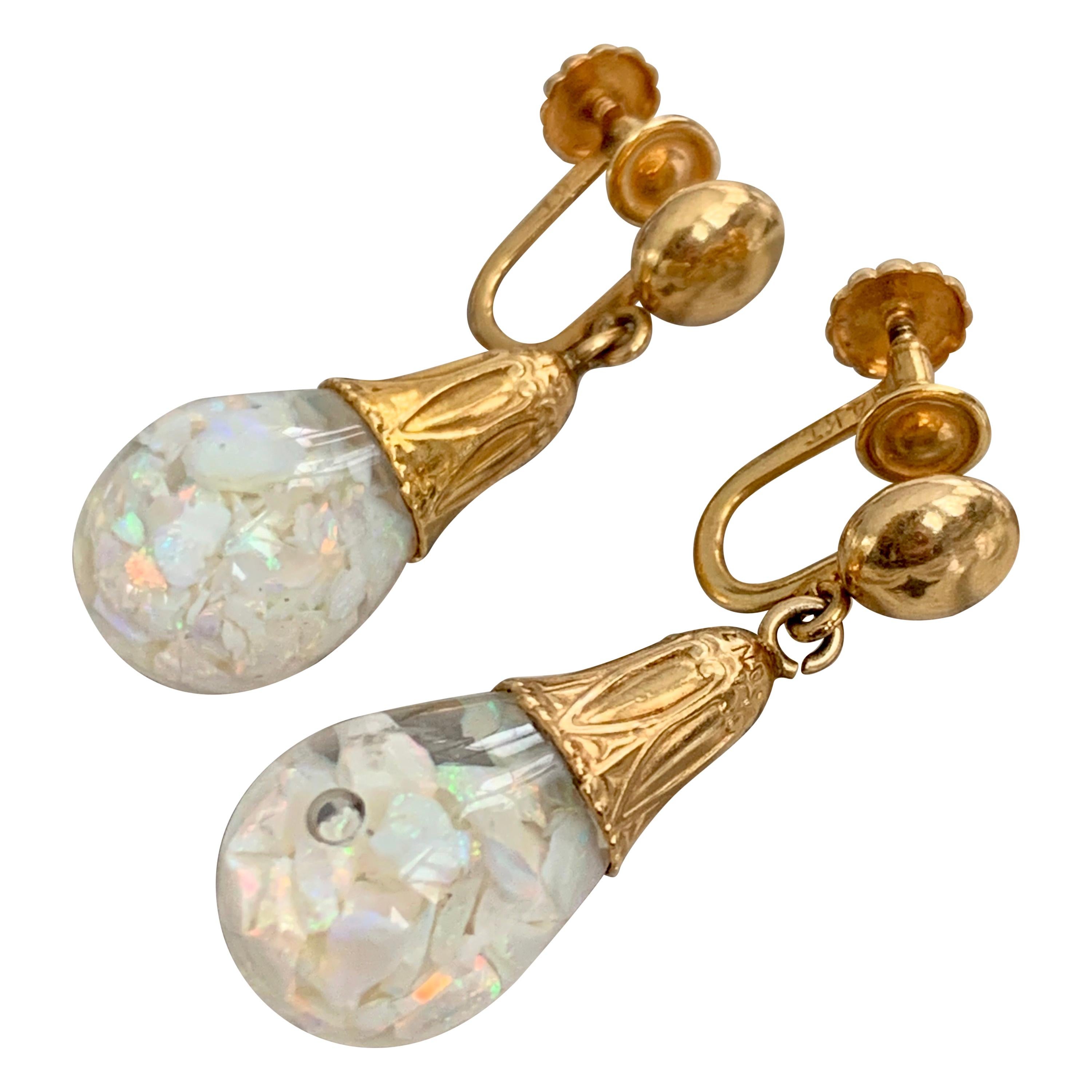Vintage Floating Crushed Opal Drop 14 Karat Yellow Gold Screw Back Earrings