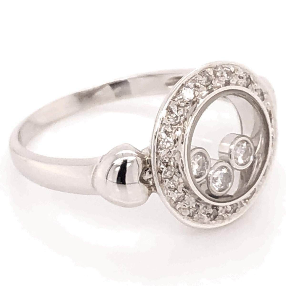 Beautiful & finely detailed Happy Floating Diamond white Gold Ring set with 3 bezel set floating Diamonds, approx. 0.32 total carat weight; Brilliant-cut diamonds are at their most beautiful when their 'fire' is lit by movement. Like water droplets