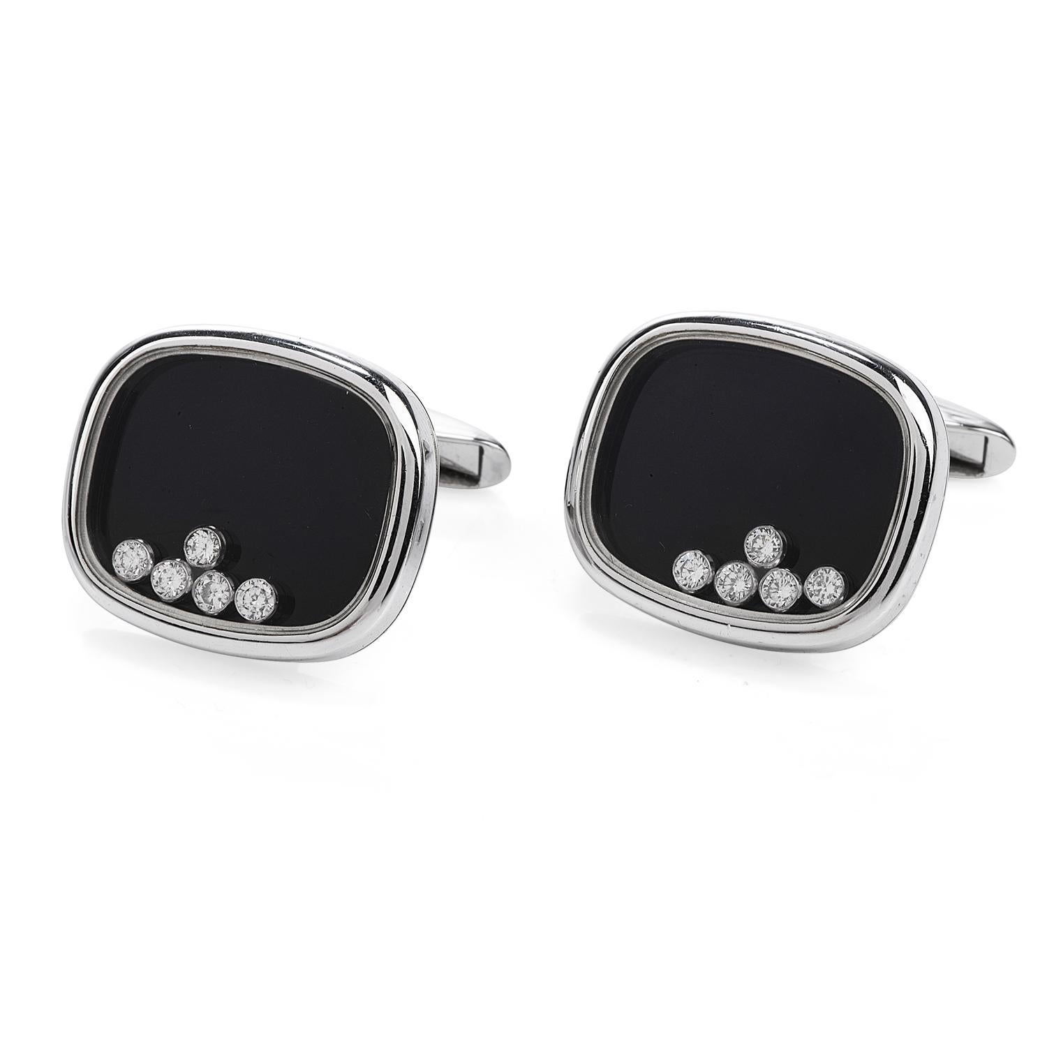 These classic Tuxedo Cushion Shaped Cufflinks are crafted in Solid 18K White Gold. 

With a Black Onyx Dial, Covered with Glass.

The main attraction for these pieces are the 10 Round Cut, Bezel set, 

Floating Diamonds, 

with a total carat weight
