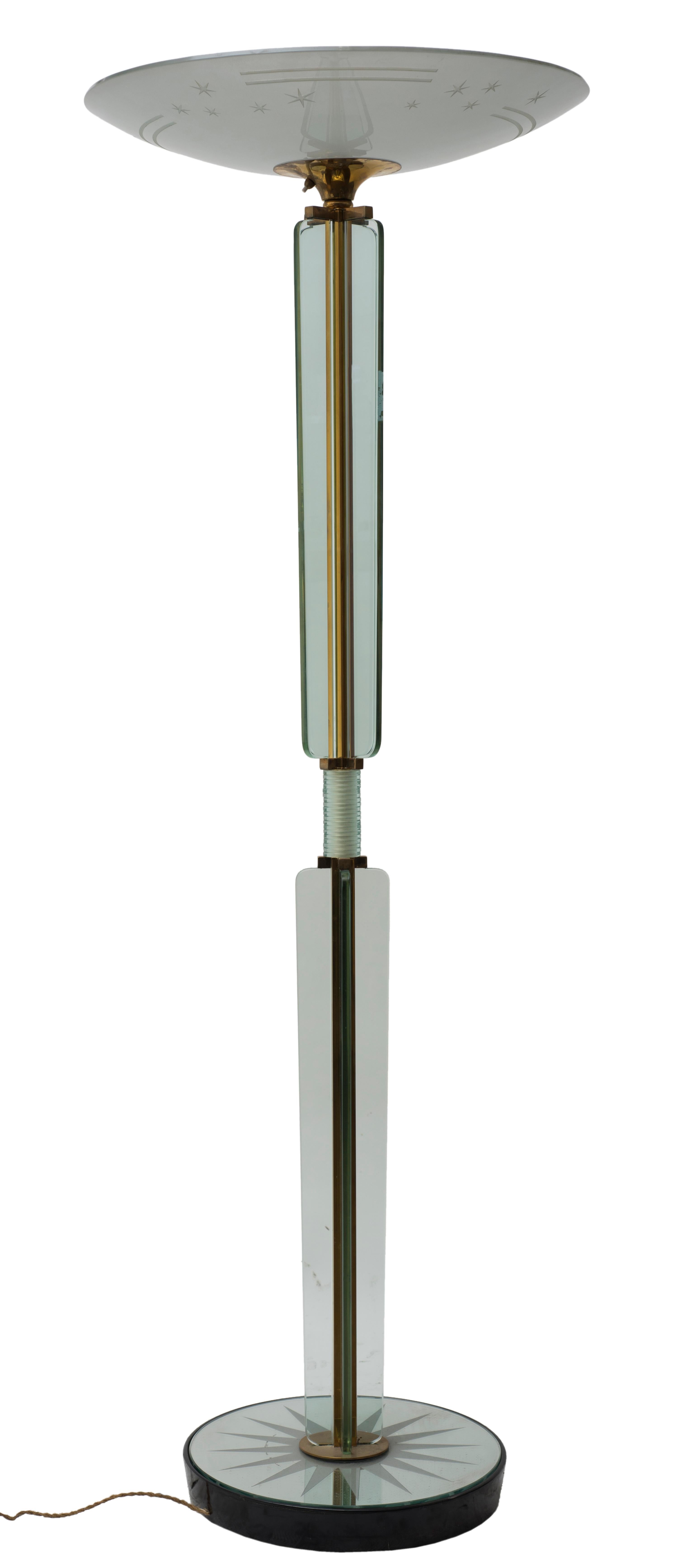 Floor lamp in grinded glass and mirrored glass, with base in wood and structure in brass. Designed by Luigi Brosotti in 1930s.
Good conditions.

This object is shipped from Italy. Under existing legislation, any object in Italy created over 70