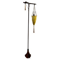 Vintage floor lamp in silk, amber, bronze and fabric c 1970 by Fortuny.
