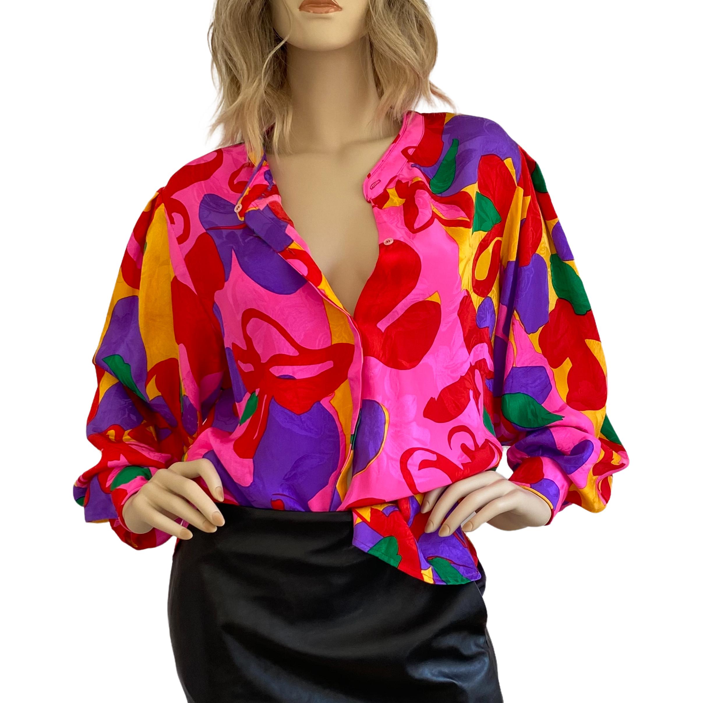 Vintage Flora Kung Neon Floral Silk Jacquard Blouse NWT In Excellent Condition For Sale In Boston, MA